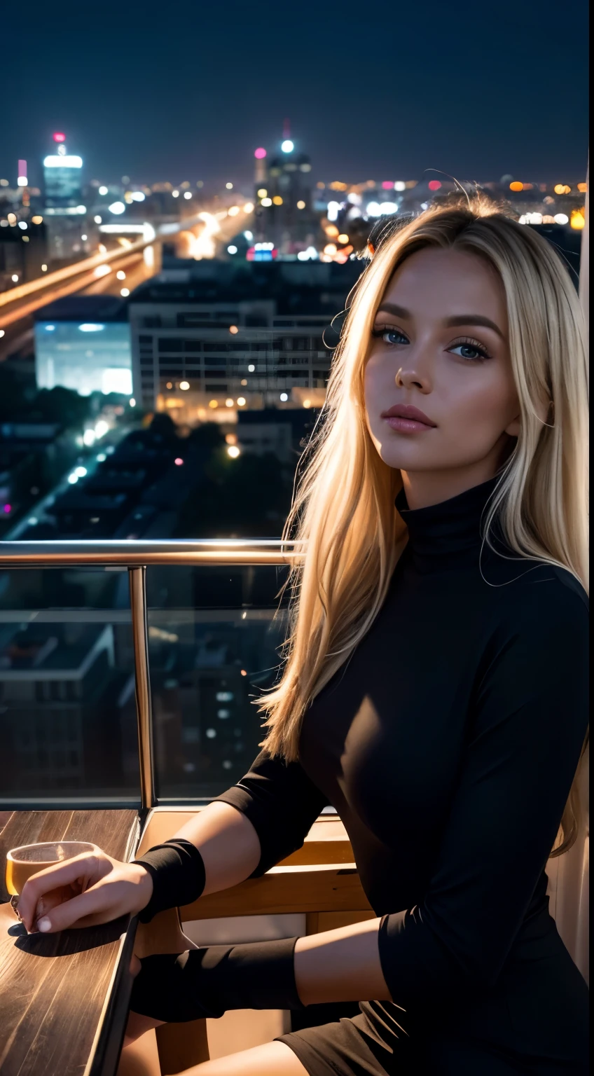 1 woman, American, beautiful, (selfie, happy), Shooting in a luxurious rooftop bar tent, City lights backlight, Tent Open Sign, Masterpiece, Best Quality, Ultra-detailed, Solo, exteriors, panoramic view of the city's nightlife, bright neon signs, Nature (urban nature), cheerful, happy, Cosy in a stylish evening dress, Inside the tent, When you open the tent, breathtaking views of the bustling city below, skyscrapers illuminated, lively streets, warm night breeze, shadowy contrasts, clear night skies, analog style, looking up at viewer, skin texture, film grain, warm hue, warm tone, close-up, Cinematic light, Sidelighting, ultra-Highres, best shadows, dressed in a chic pullover, Relaxed and intimate photos, with long blond hair.