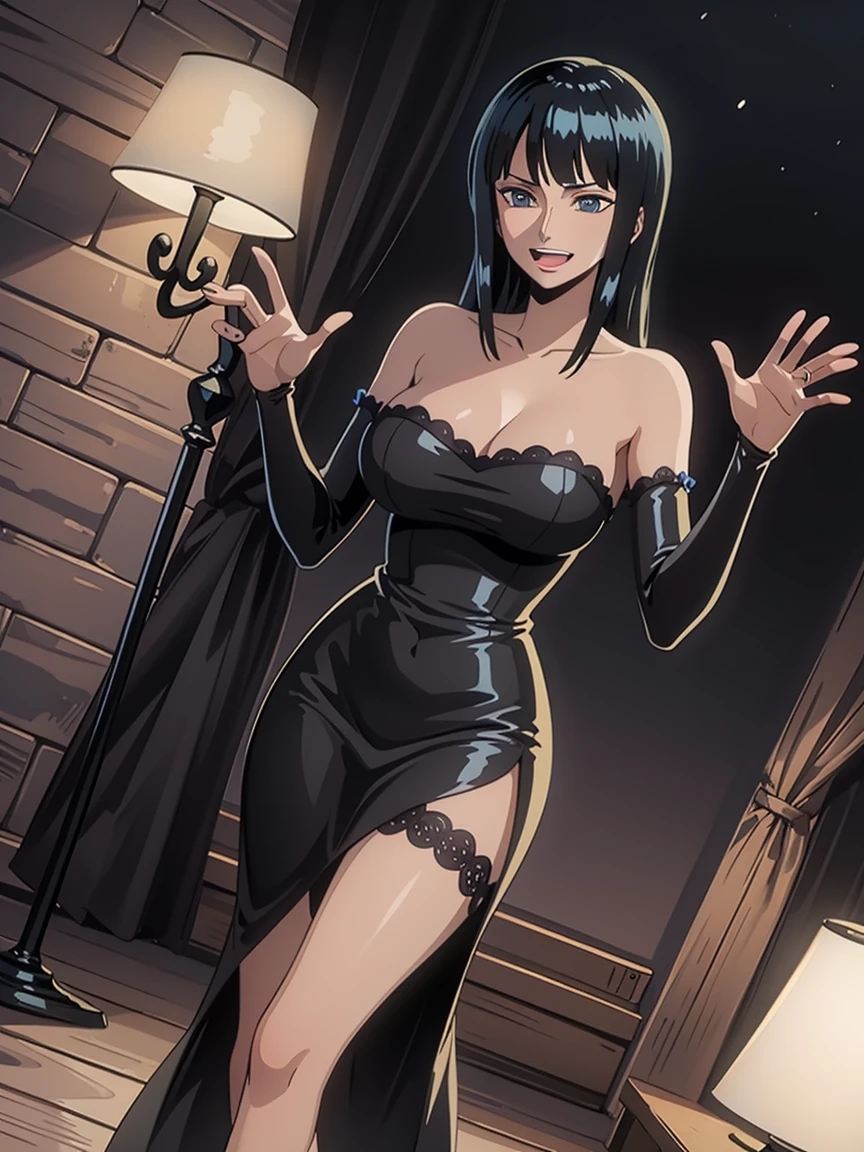 nico_robin, dress, black long dress, bare shoulders, big breasts
BREAK 
full body view, full body shot, contraposto
BREAK 
evil smile, Raise both hands, sexy pose
BREAK
Masterpiece, best quality, high resolution, 8K, official art, super resolution, extremely detailed and beautiful, extremely detailed, amazing and detailed, highly detailed beautiful girl, highly detailed face, highly detailed eyes, highly detailed skin, highly detailed fingers, highly detailed nose, very detailed mouth, perfect anatomy
BREAK
midnight, late at night, darkness, luxurious mansion, extremely detailed CG unity 16k, very fine 16KCG wallpapers