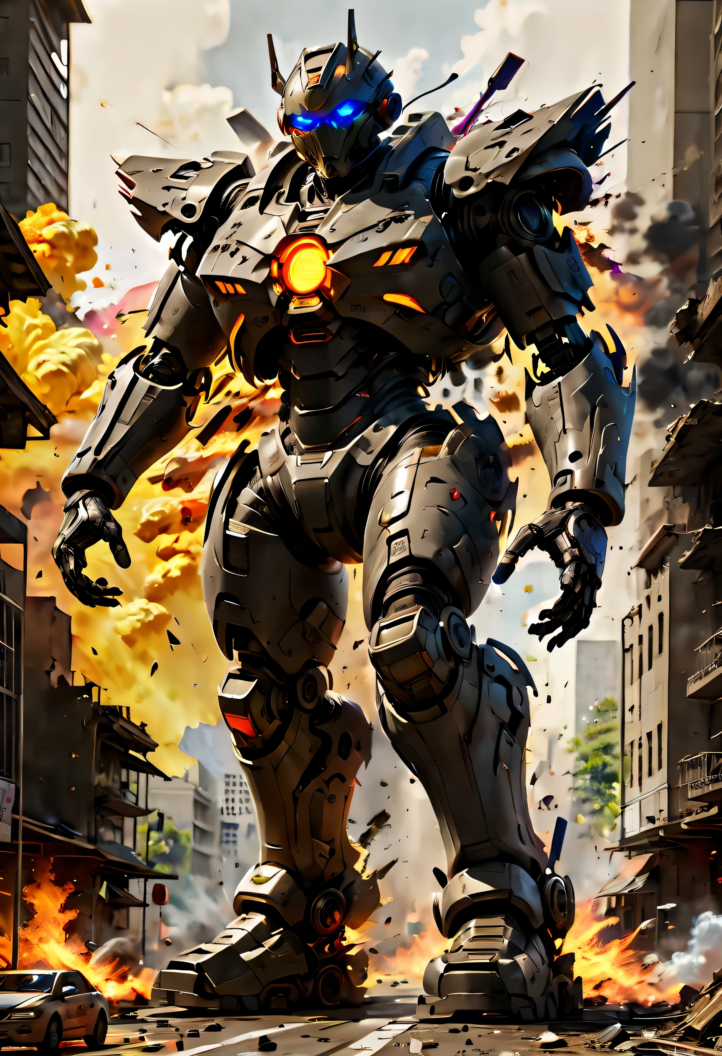 physically-based rendering,mecha,warrior,giant,metallic armor,fire,explosions,debris,destroyed buildings,smoke,sparks,cityscape,sunlight,glowing eyes,mechanical movements,fierce expression,dystopian,futuristic,sci-fi,action-packed,colorful palette,strong contrast,dramatic lighting. | ((soft_color_painting:)1.5), ((soft_color_tones):1.4), ((Movie-like still images and dynamic angles):1.3), ((cool and beautiful shadow silhouette):1.1), Gouache with intricate details, Add a touch of realism to this visually detailed and stylistically diverse masterpiece, Detailed brushstrokes have been enhanced, Careful brushwork creates an atmosphere, Utilize delicate yet powerful brushstroke techniques, Create an enchanting atmosphere. highly detailed gouache, ((Unparalleled sharpness and clarity):1.1), ((Radiosity rendered in stunning 32K resolution):1.3), All captured with sharp focus.