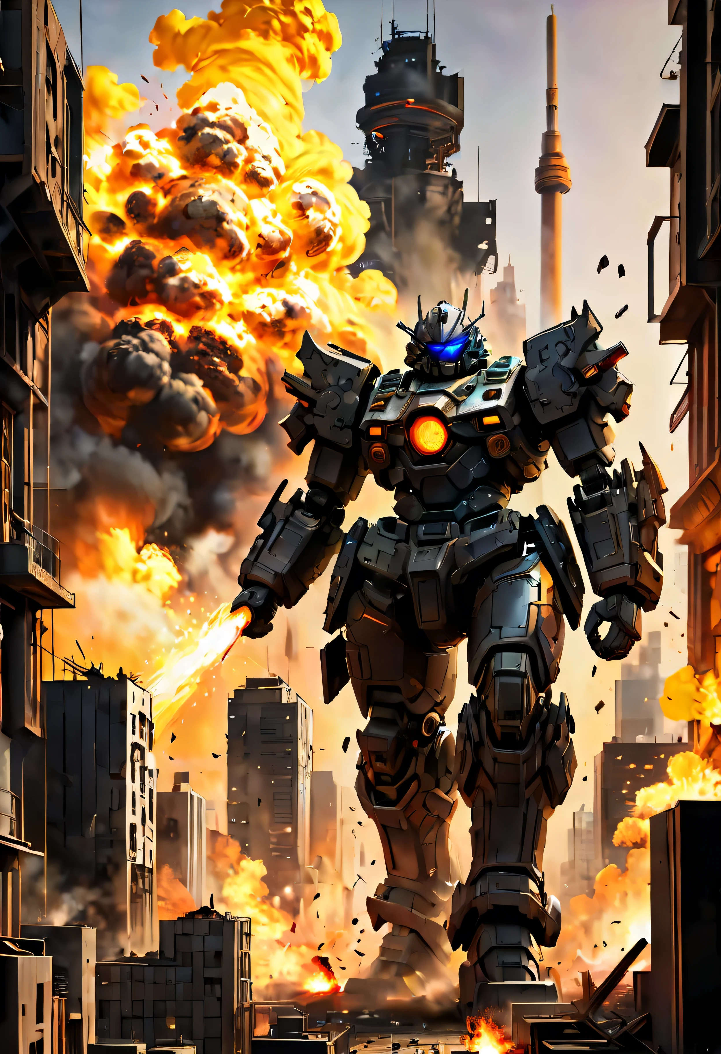 physically-based rendering,mecha,warrior,giant,metallic armor,fire,explosions,debris,destroyed buildings,smoke,sparks,cityscape,sunlight,glowing eyes,mechanical movements,fierce expression,dystopian,futuristic,sci-fi,action-packed,colorful palette,strong contrast,dramatic lighting. | ((soft_color_painting:)1.5), ((soft_color_tones):1.4), ((Movie-like still images and dynamic angles):1.3), ((cool and beautiful shadow silhouette):1.1), Gouache with intricate details, Add a touch of realism to this visually detailed and stylistically diverse masterpiece, Detailed brushstrokes have been enhanced, Careful brushwork creates an atmosphere, Utilize delicate yet powerful brushstroke techniques, Create an enchanting atmosphere. highly detailed gouache, ((Unparalleled sharpness and clarity):1.1), ((Radiosity rendered in stunning 32K resolution):1.3), All captured with sharp focus.