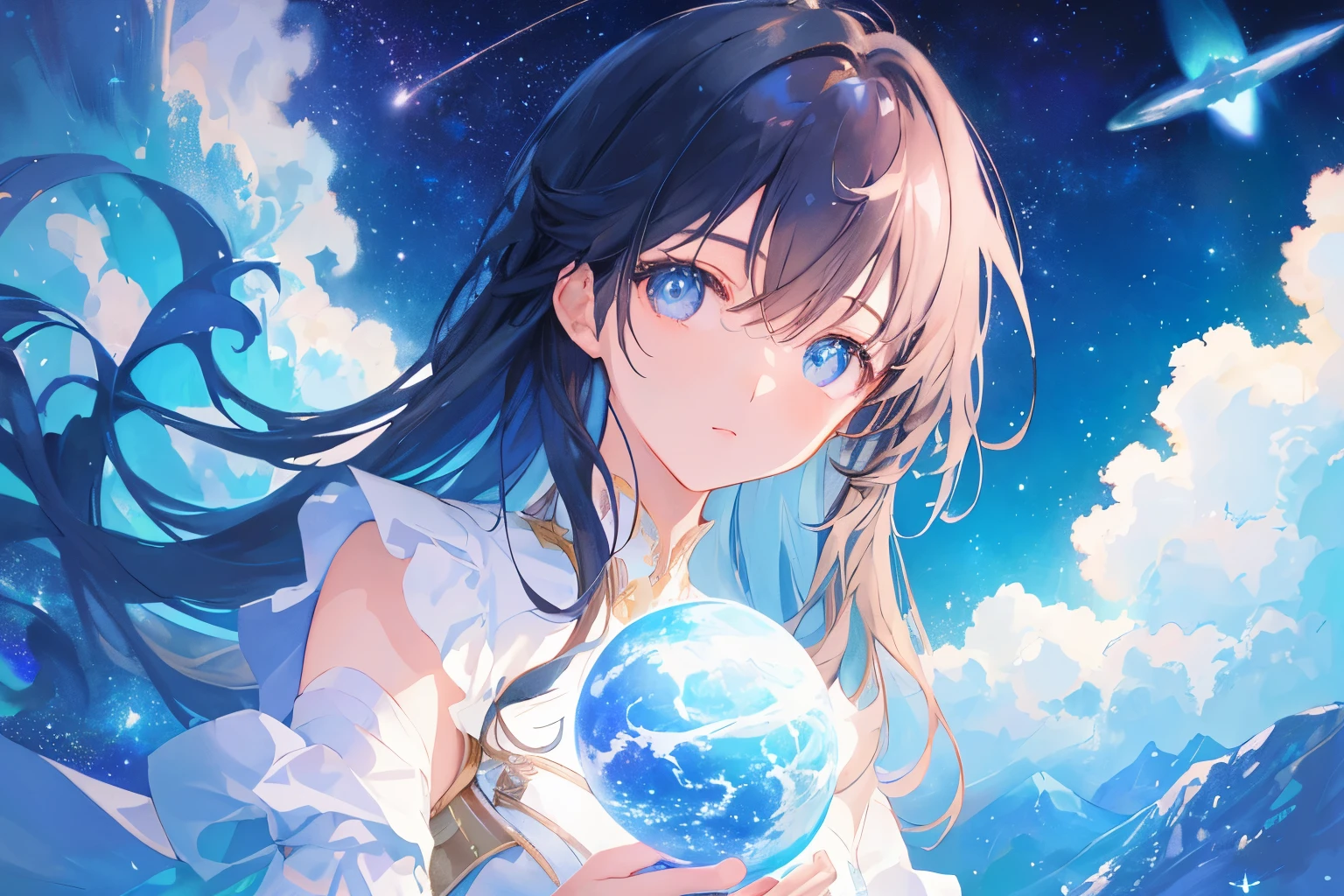 Create exquisite illustrations reminiscent of Makoto Shinkai's style, It has ultra-fine details and top-notch quality. Craft a high-quality illustration of a girl wandering through outer space, her expression curious and enigmatic, while ensuring an overall sense of nostalgia and fantasy with meticulous attention to detail. Picture the scene with the girl floating gracefully amidst the stars and galaxies, her eyes filled with wonder as she explores the vastness of the cosmos. Capture the ethereal beauty of space, with swirling nebulae and distant planets creating a mesmerizing backdrop. Depict the girl with an expression that reflects her sense of awe and curiosity, her features soft yet captivating. Pay close attention to the fine details of her surroundings, including the intricate patterns of the stars and the subtle play of light and shadow. Aim for a composition that transports the viewer into a world of wonder and imagination, where the mysteries of the universe unfold before their eyes best quality, masterpiece