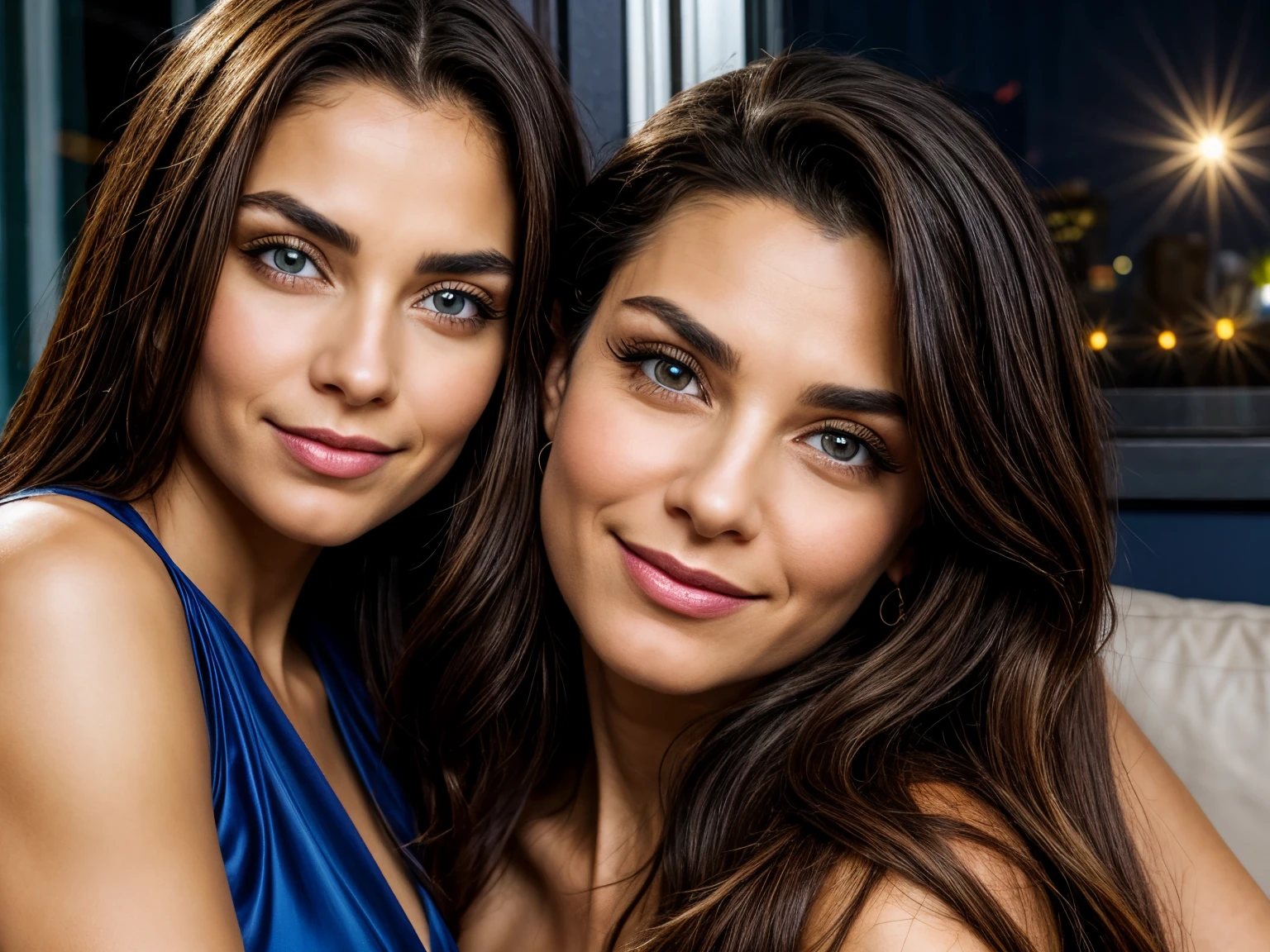 close-up two very beautiful brunette and blue-eyed Italian women in a relaxed pose on a sofa wearing sexy dresses on a full moon night. La luz de la luna entra por la ventana, illuminating the girl's face with lights and shadows typical of Velázquez's best works. tiene una bonita sonrisa y una mirada penetrante. caras perfectas, todo es perfecto, no hay errores.