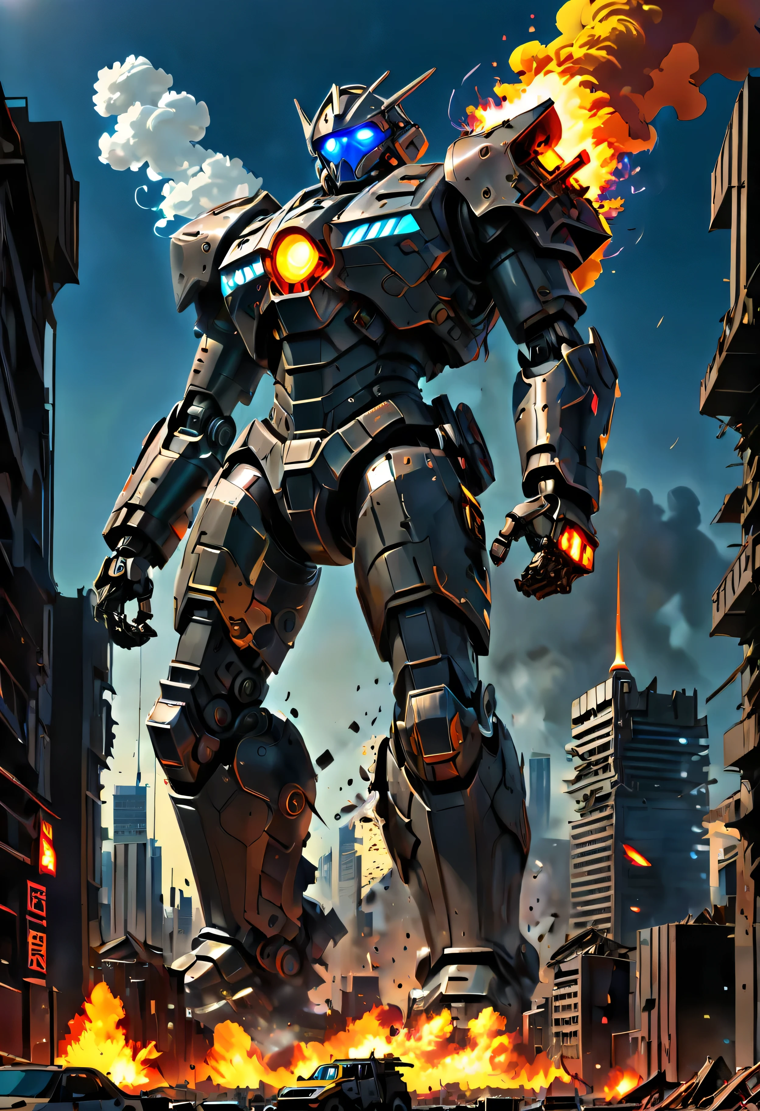 physically-based rendering,mecha,warrior,giant,metallic armor,fire,explosions,debris,destroyed buildings,smoke,sparks,cityscape,sunlight,glowing eyes,mechanical movements,fierce expression,dystopian,futuristic,sci-fi,action-packed,colorful palette,strong contrast,dramatic lighting