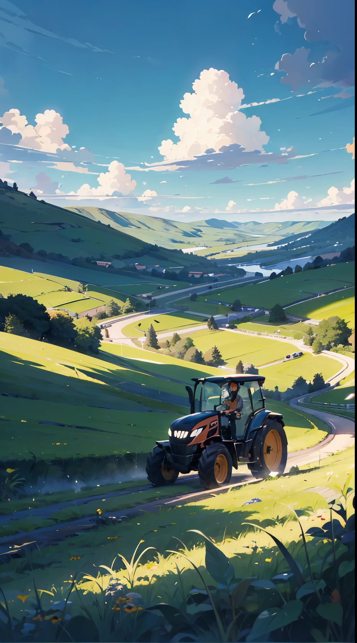 In a serene anime landscape, a young person operates a tractor in a lush green field surrounded by rolling hills. The blue sky above is adorned with fluffy clouds, creating a tranquil and picturesque scene that captures the beauty of rural life.