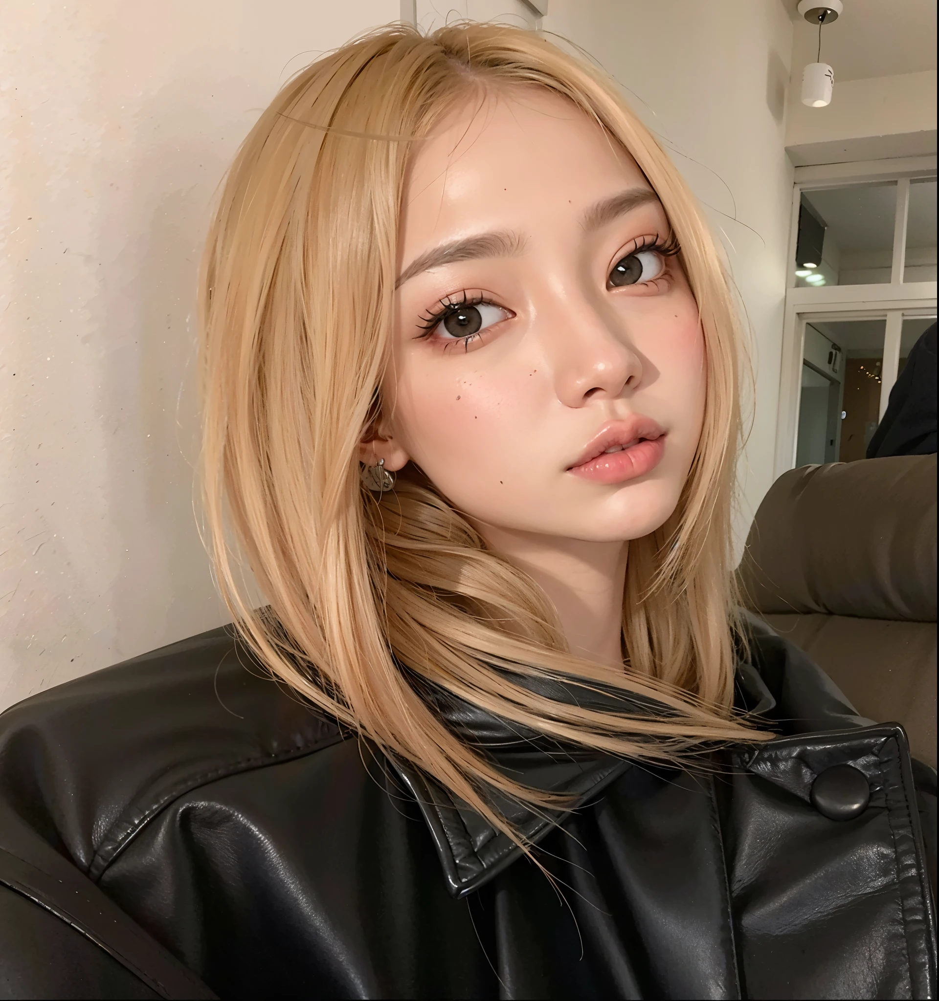 um close up de uma mulher com uma jaqueta preta e um cabelo castanho, o corte Hime, portrait of jossi do blackpink, Lalisa Manobal, jossi do blackpink, Ulzzang, penteado com corte hime branco, parque roseanne de blackpink, Jinyoung Shin, cabelo loiro extremamente claro, coreana, Lalisa Manoban do Blackpink