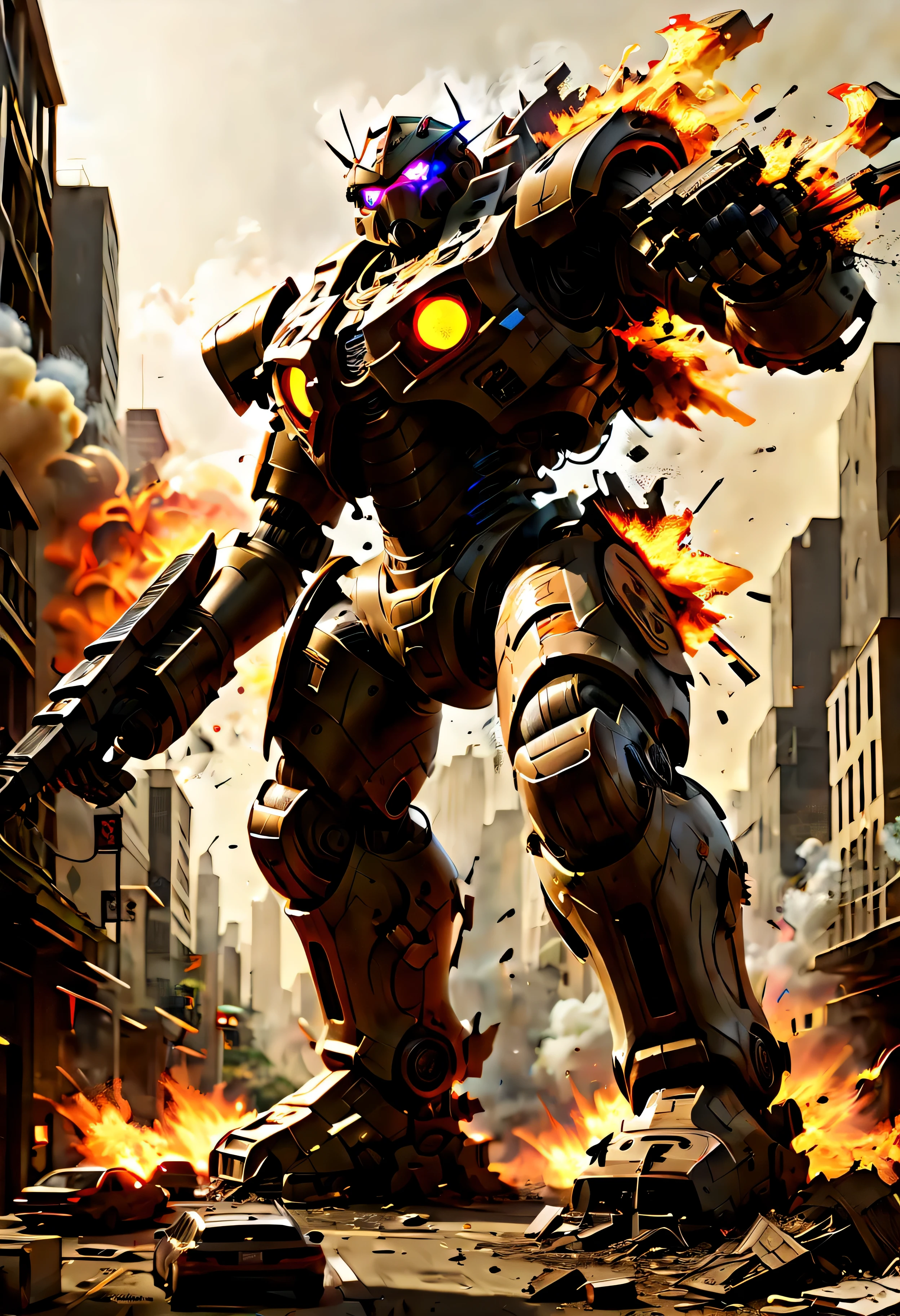 physically-based rendering,mecha,warrior,giant,metallic armor,fire,explosions,debris,destroyed buildings,smoke,sparks,cityscape,sunlight,glowing eyes,mechanical movements,fierce expression,dystopian,futuristic,sci-fi,action-packed,colorful palette,strong contrast,dramatic lighting. | ((soft_color_painting:)1.5), ((soft_color_tones):1.4), ((Movie-like still images and dynamic angles):1.3), ((cool and beautiful shadow silhouette):1.1), Gouache with intricate details, Add a touch of realism to this visually detailed and stylistically diverse masterpiece, Detailed brushstrokes have been enhanced, Careful brushwork creates an atmosphere, Utilize delicate yet powerful brushstroke techniques, Create an enchanting atmosphere. highly detailed gouache, ((Unparalleled sharpness and clarity):1.1), ((Radiosity rendered in stunning 32K resolution):1.3), All captured with sharp focus.