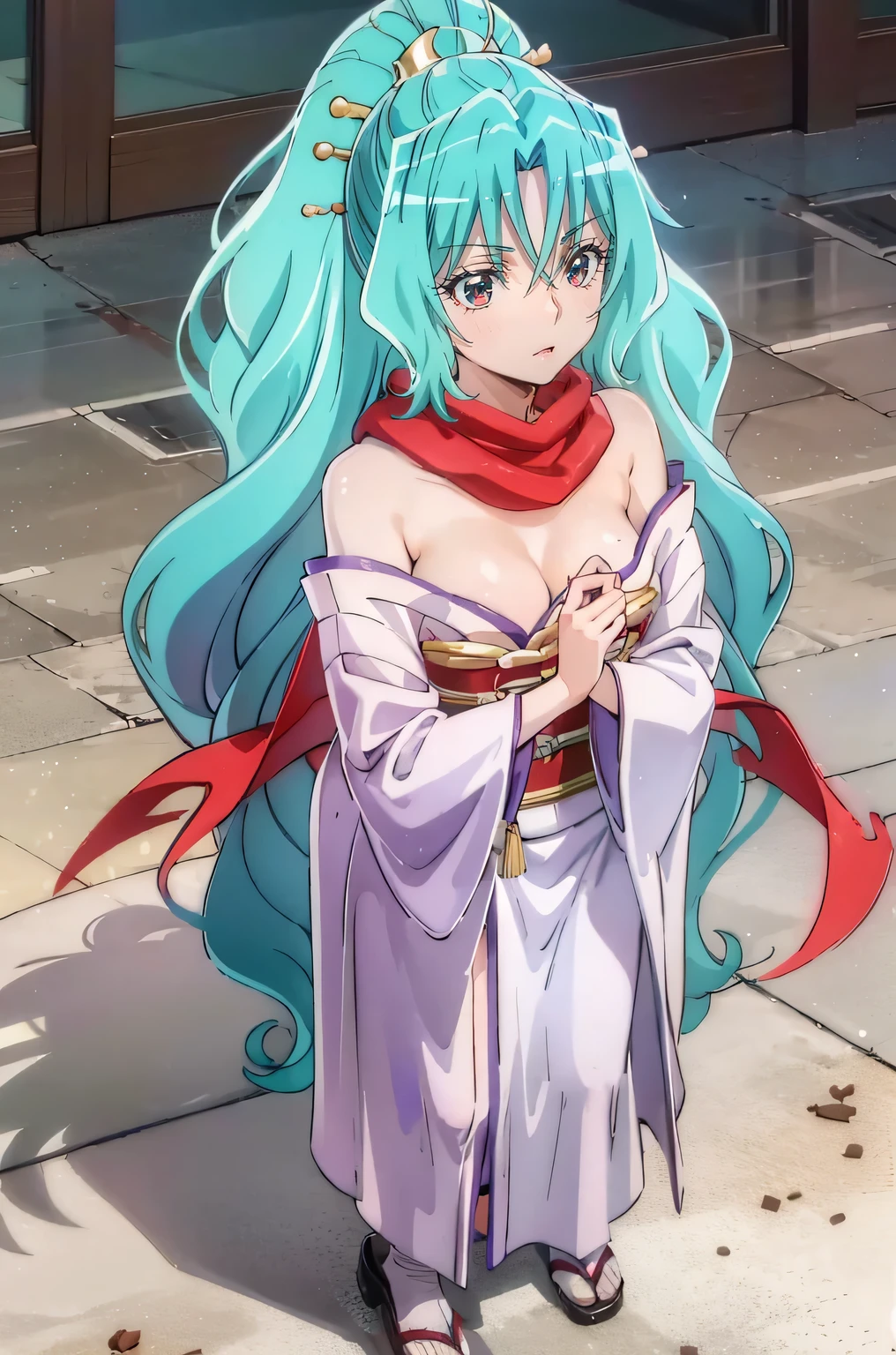 red eyes,tomoe aqua hair long hair ponytail japanese clothes kimono red scarf hair between eyes,full body
