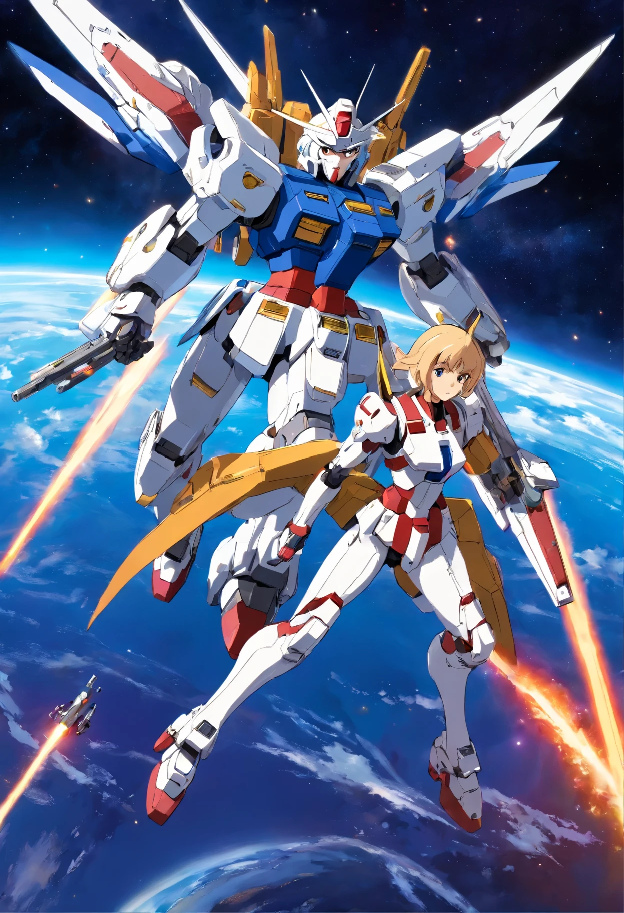 gundam wing zero fighting an evil gumdan, a cute girl watching in horror, the earth in the back ground, epic realisic photo of war