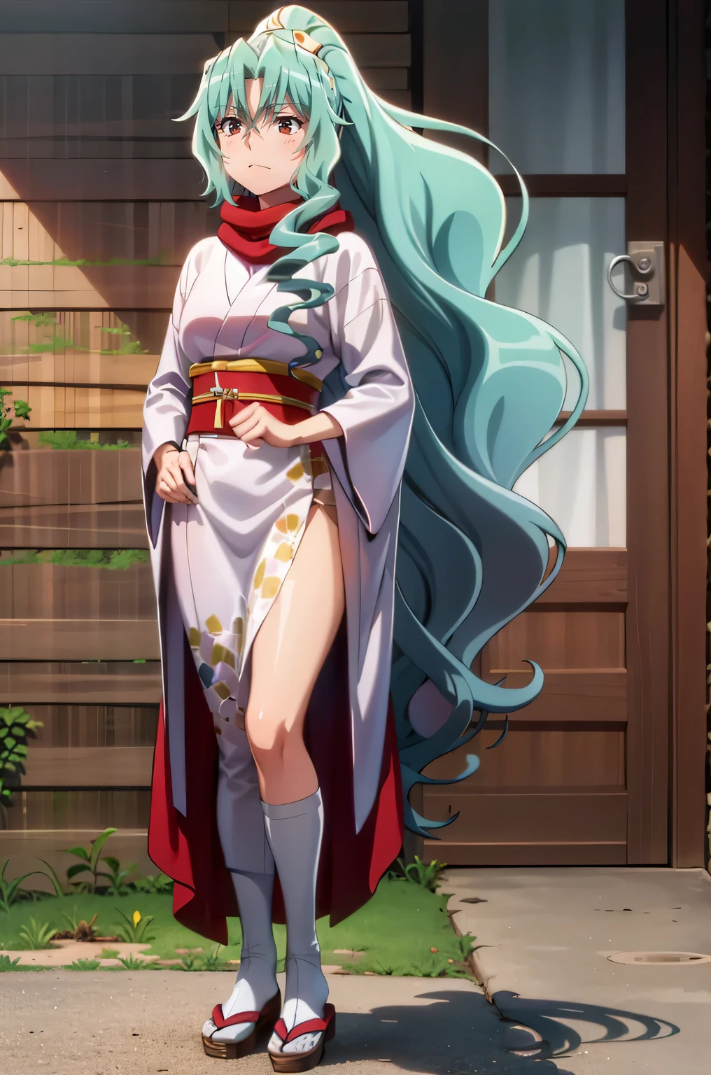 red eyes,tomoe aqua hair long hair ponytail japanese clothes kimono red scarf hair between eyes,full body
