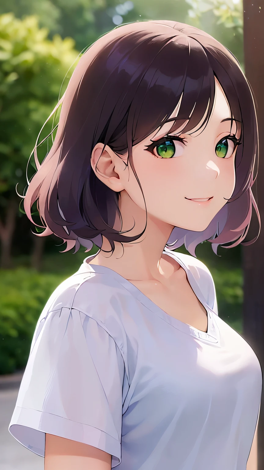 全身, Realistic, real person, RAW photo, photorealistic, portrait photography, shiny skin, japanese idol、(前髪がある20歳の女性), (green eyes:1.5) and (brown hair) and (bob cut) and (wavy hair), (White Short sleeved blouse:1.3)、水色のミニスカートを履いている、(smile:1.5), 一人きり、立っている、