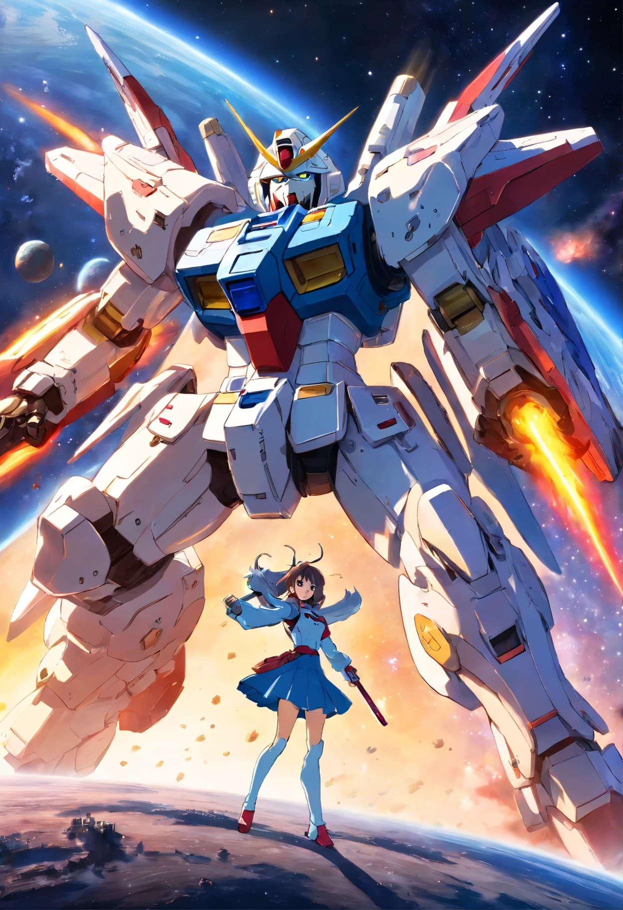 gundam wing zero fighting an evil gumdan, a cute girl watching in horror, the earth in the back ground, epic realisic photo of war