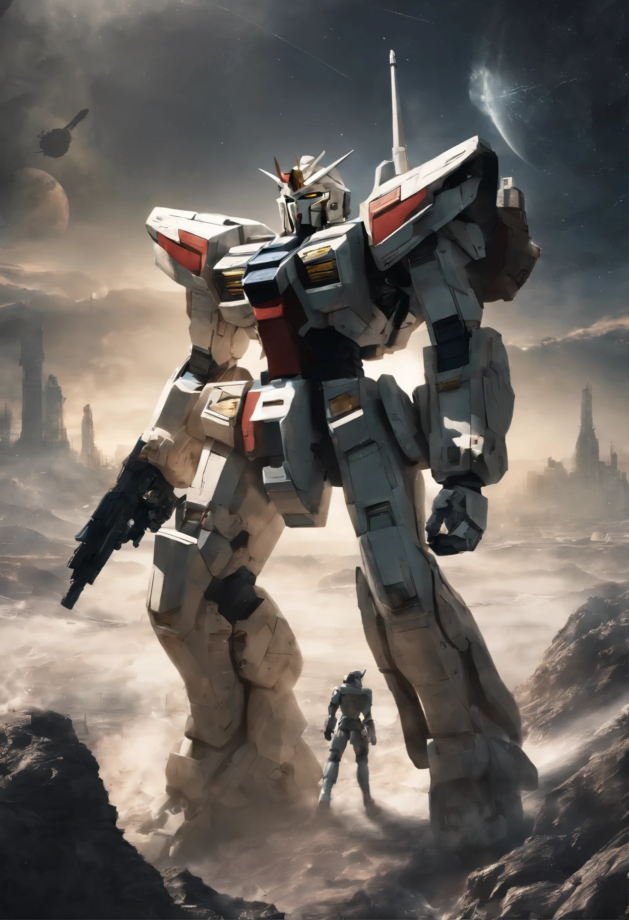 gundam wing zero fighting an evil gumdan, a cute girl watching in horror, the earth in the back ground, epic realisic photo of war