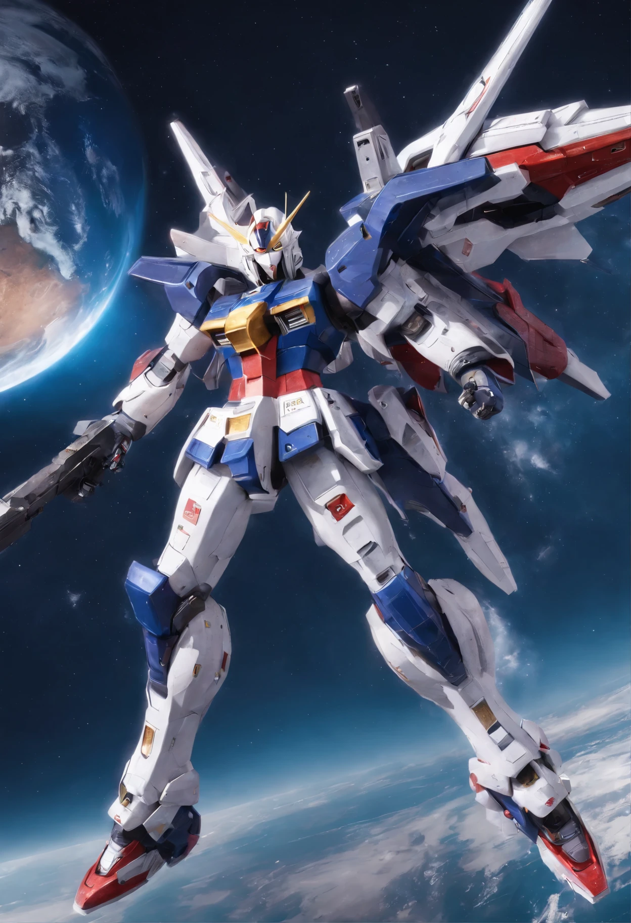 gundam wing zero fighting an evil gumdan, a cute girl watching in horror, the earth in the back ground, epic realisic photo of war