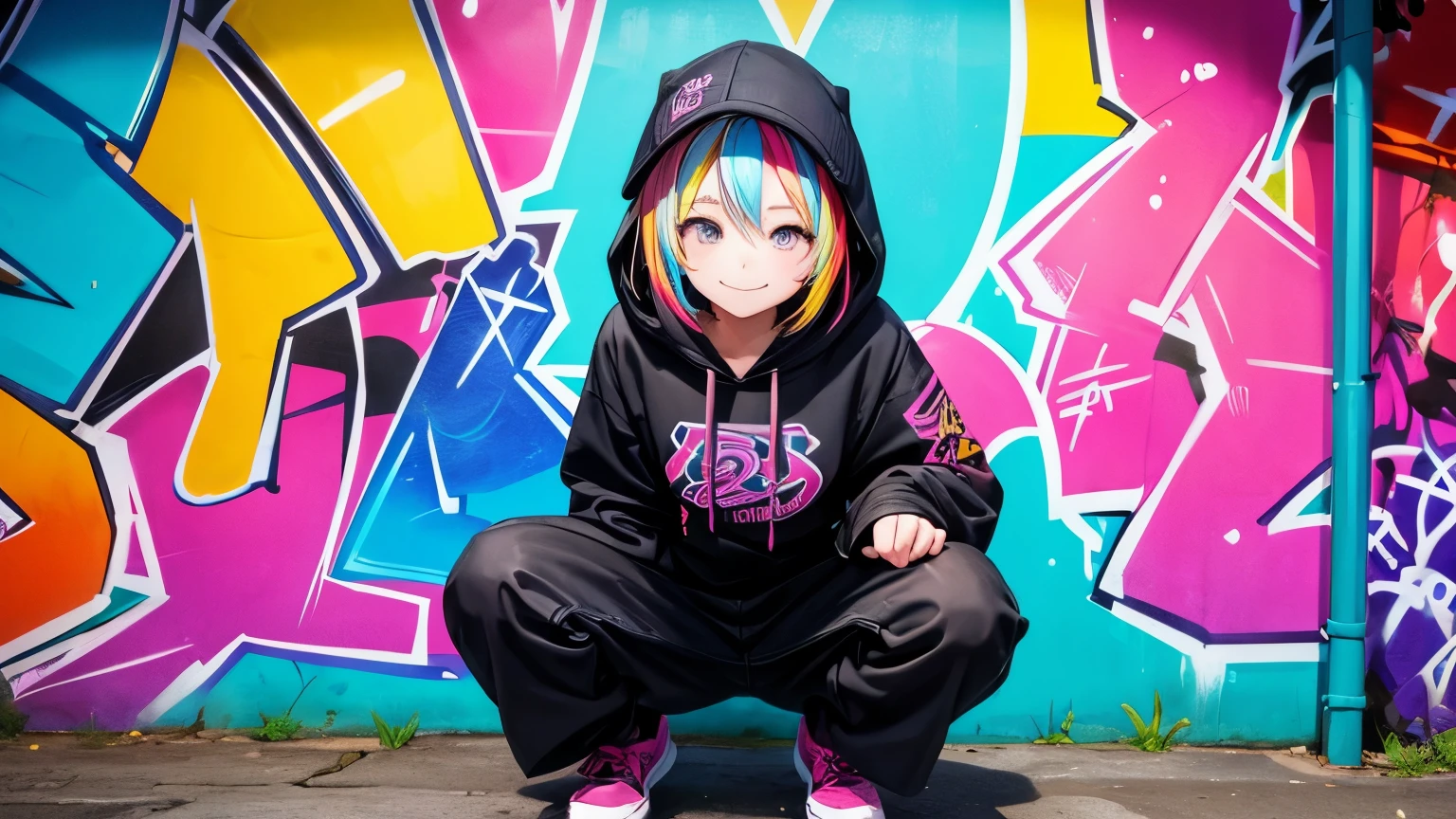 A girl wearing a hoodie with colorful ink is smiling、Crouching in front of a gorgeous, colorful graffiti wall in a back alley.