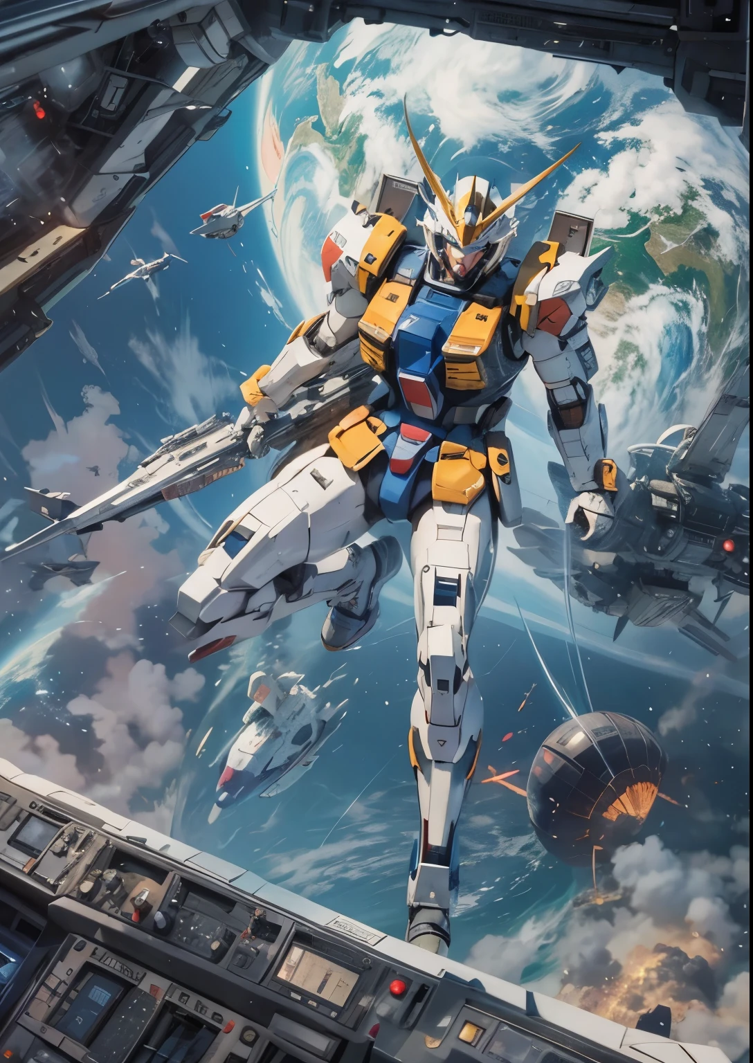 gundam wing zero fighting an evil gumdan, a cute girl watching in horror, the earth in the back ground, epic realisic photo of war