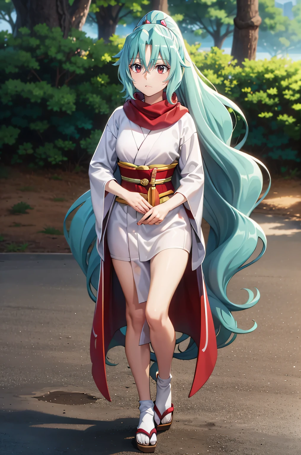 red eyes,tomoe aqua hair long hair ponytail japanese clothes kimono red scarf hair between eyes,full body
