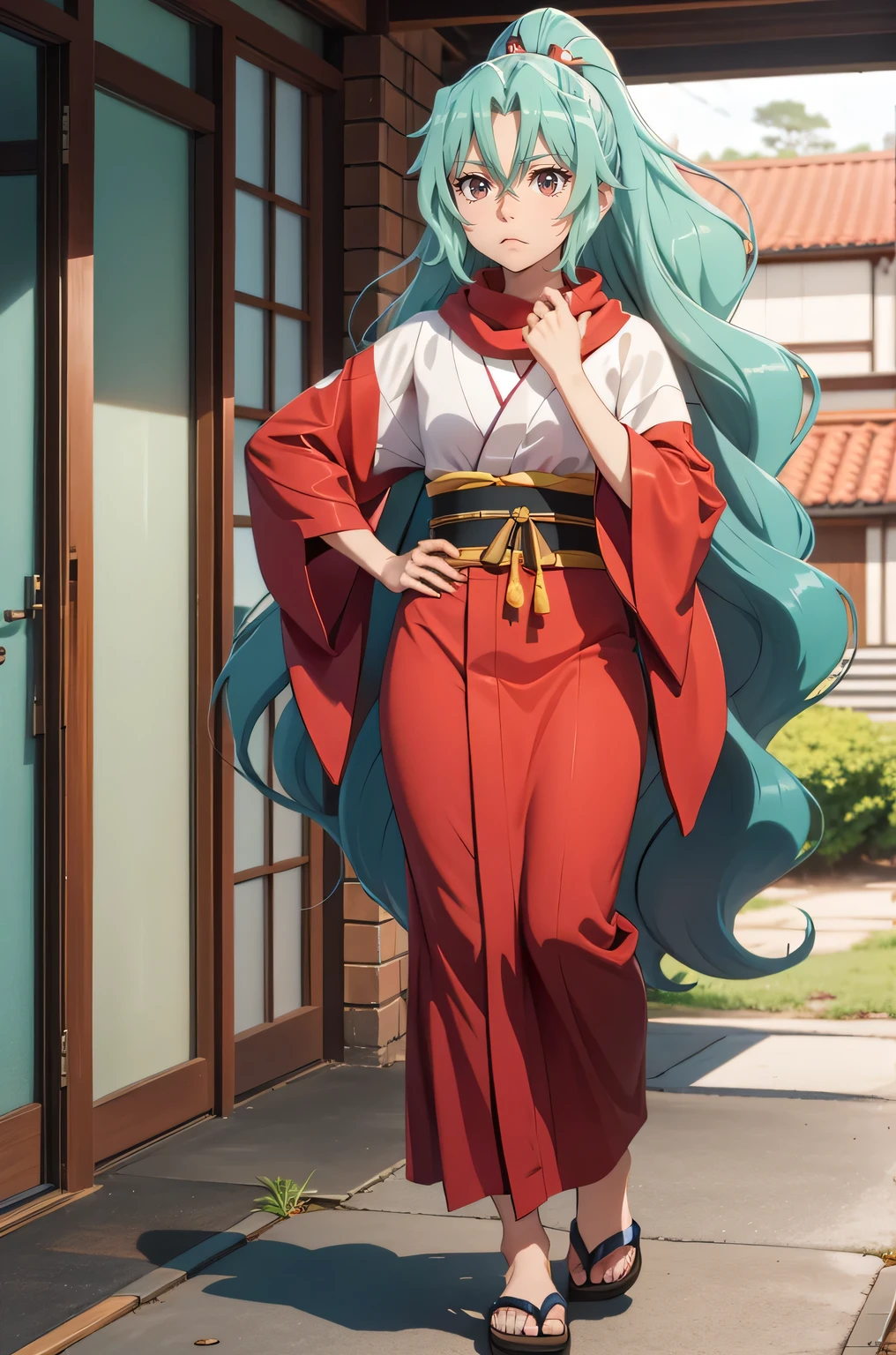 red eyes,tomoe aqua hair long hair ponytail japanese clothes kimono red scarf hair between eyes,full body
