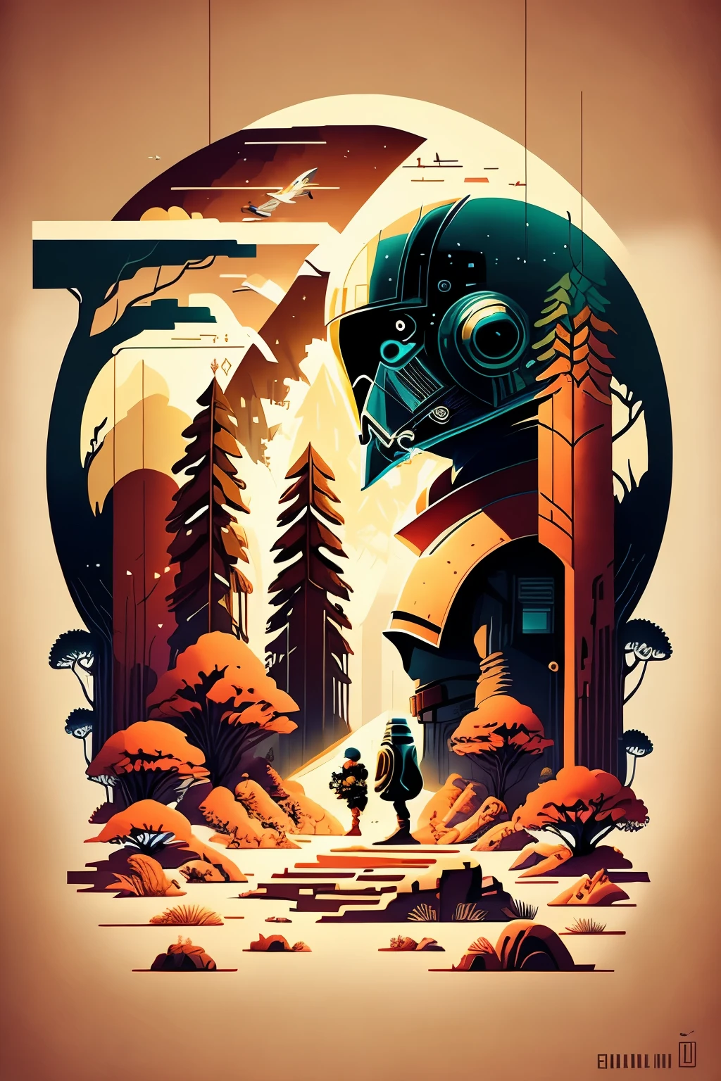Dibujo, illustration, Masterpiece, 4K, minimalista, ([endor forest guerra de las galaxias]) ewoks,moto Jedi ,star wars illustration minimalista., Al estilo Olly Moss