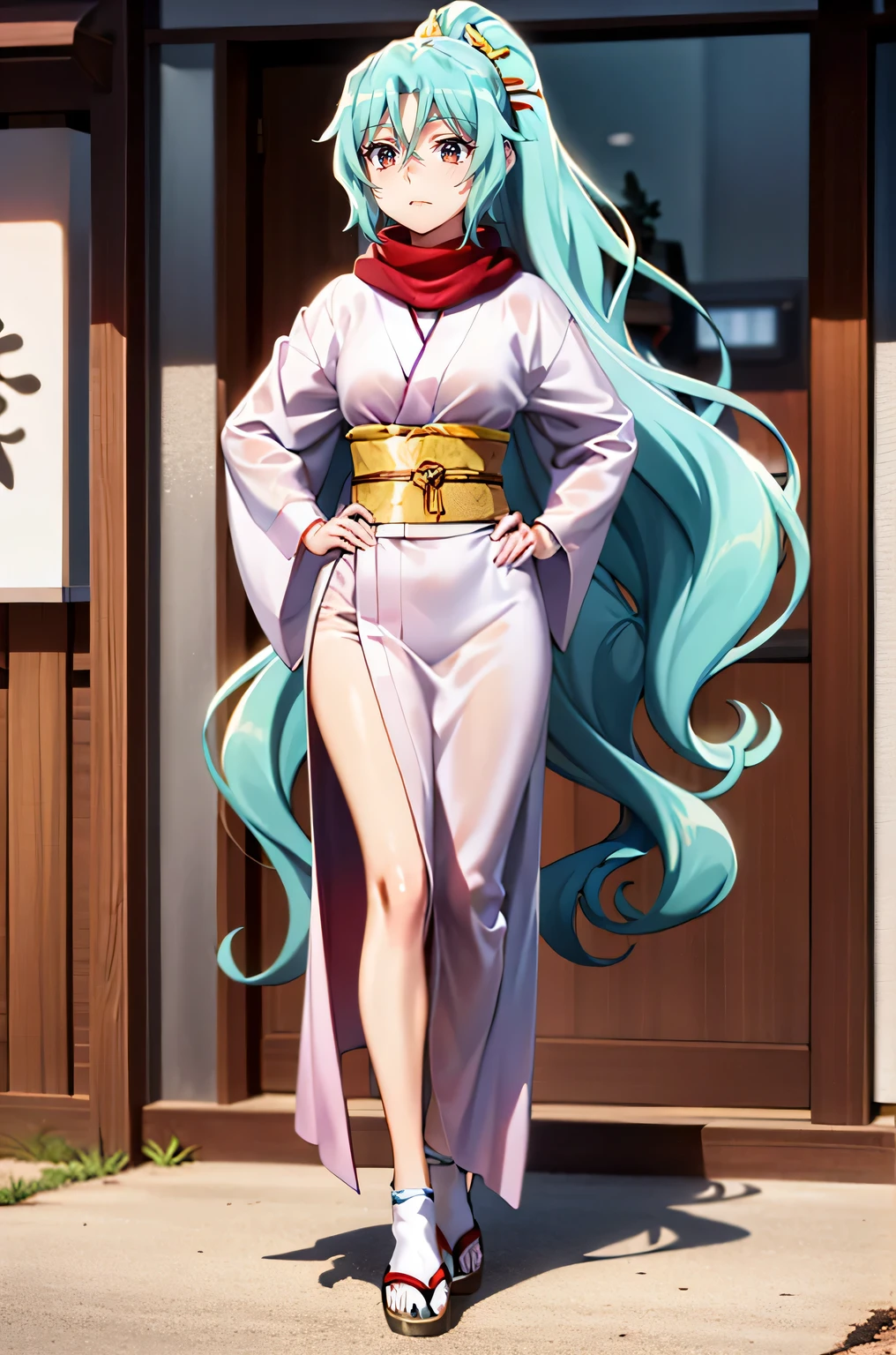 ((red eyes)),tomoe aqua hair long hair ponytail japanese clothes kimono red scarf hair between eyes,full body
