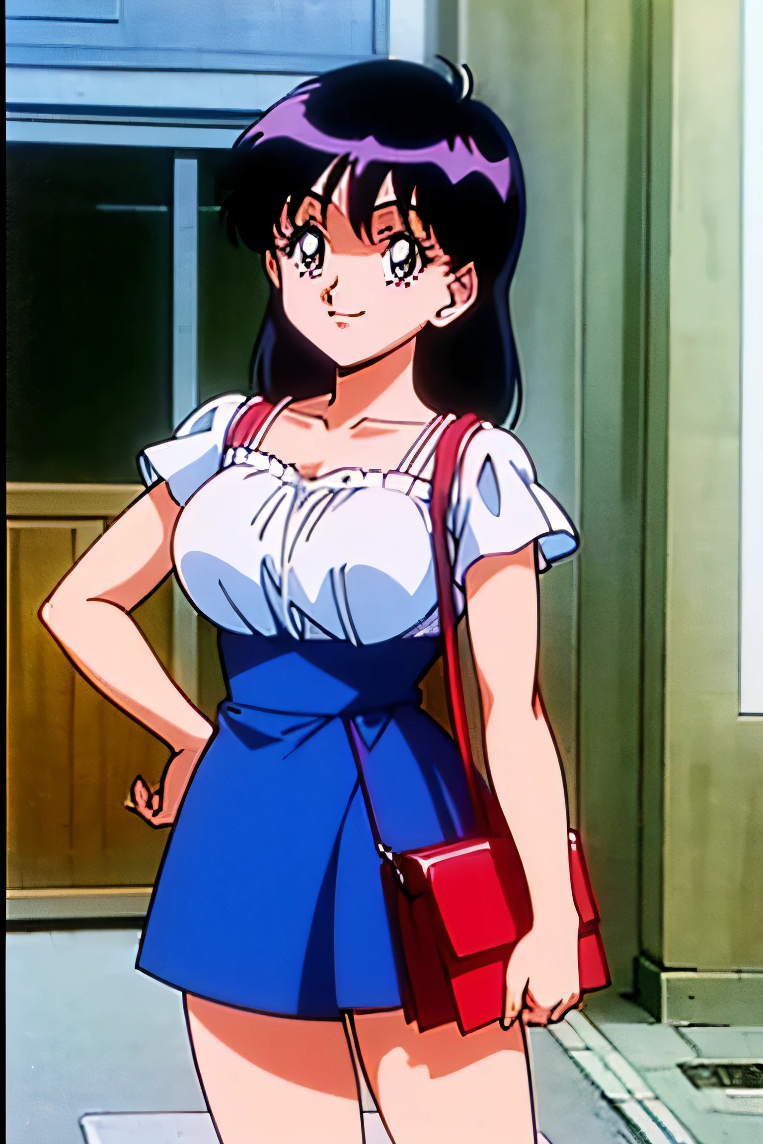 Kyoko Otonashi de Maison Ikkoku, sourire, yeux ouverts, corps entier, femmes&#39;Handbag, chef de 3/4, super quality, HD, 4k, animated, animated japonais, en pleine rue dans une ville moderne