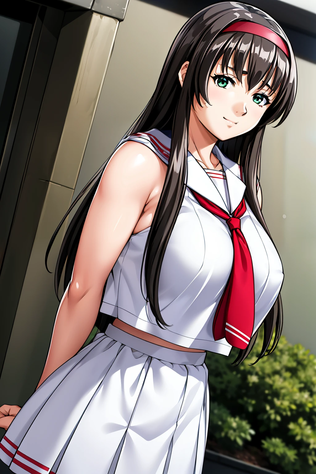 Anime girl in uniform posing in front of a building - SeaArt AI