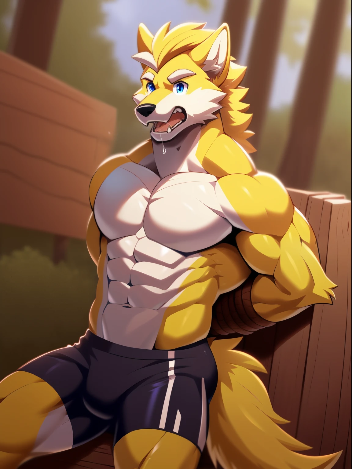 single, wolf head, wolf tail, stalwart, หูเหลืองsexy, yellow hair, hair on arm, hair on legs, Yellow fur all over, Full-body,naked, , muscle,sexy, handsome man, (blue eyes details), White eyebrows, (sports shorts); (Masterpiece, high resolution, best quality), 4K, soft skin, warm weather,Commission,Turn sideways 45 degrees,ฉากtorture,torture,A hard punch to the stomach.,Intestinal perforation,injured,Tied to a wooden post with his hands tied behind his back.,Showing an angry expression of defiance,Mouth open and saliva flowing