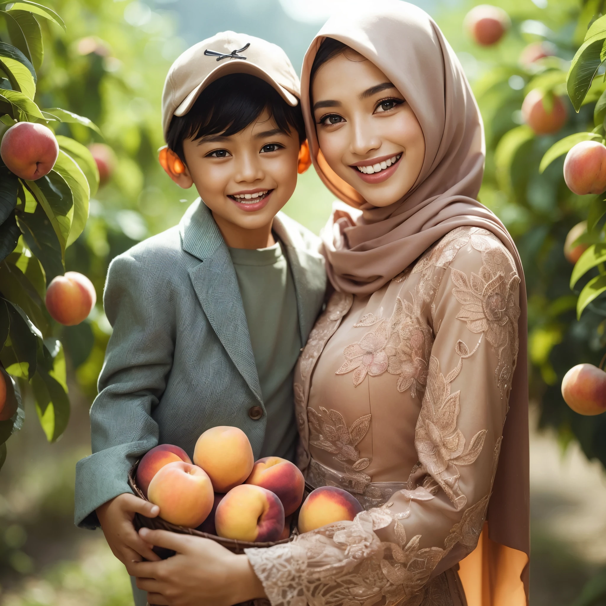 A beautiful girl wearing a light brown kebaya with a hijab picking peaches and laughing with her 9 year old son, slightly thin, wearing a Korean blazer and baseball cap, typical Indonesian face, green gardens, the effect of dew on the leaves and flower petals is very detailed, the atmosphere depicts the morning with beautiful morning dew drop effect, very realistic image, original photo, front view face looking at the camera, close up, photo from Sony 35mm F/1.8 OSS Alpha E-Mount Prime camera, very sharp resolution, UHD 16K resolution, image very aesthetic, octane rendering ,love 