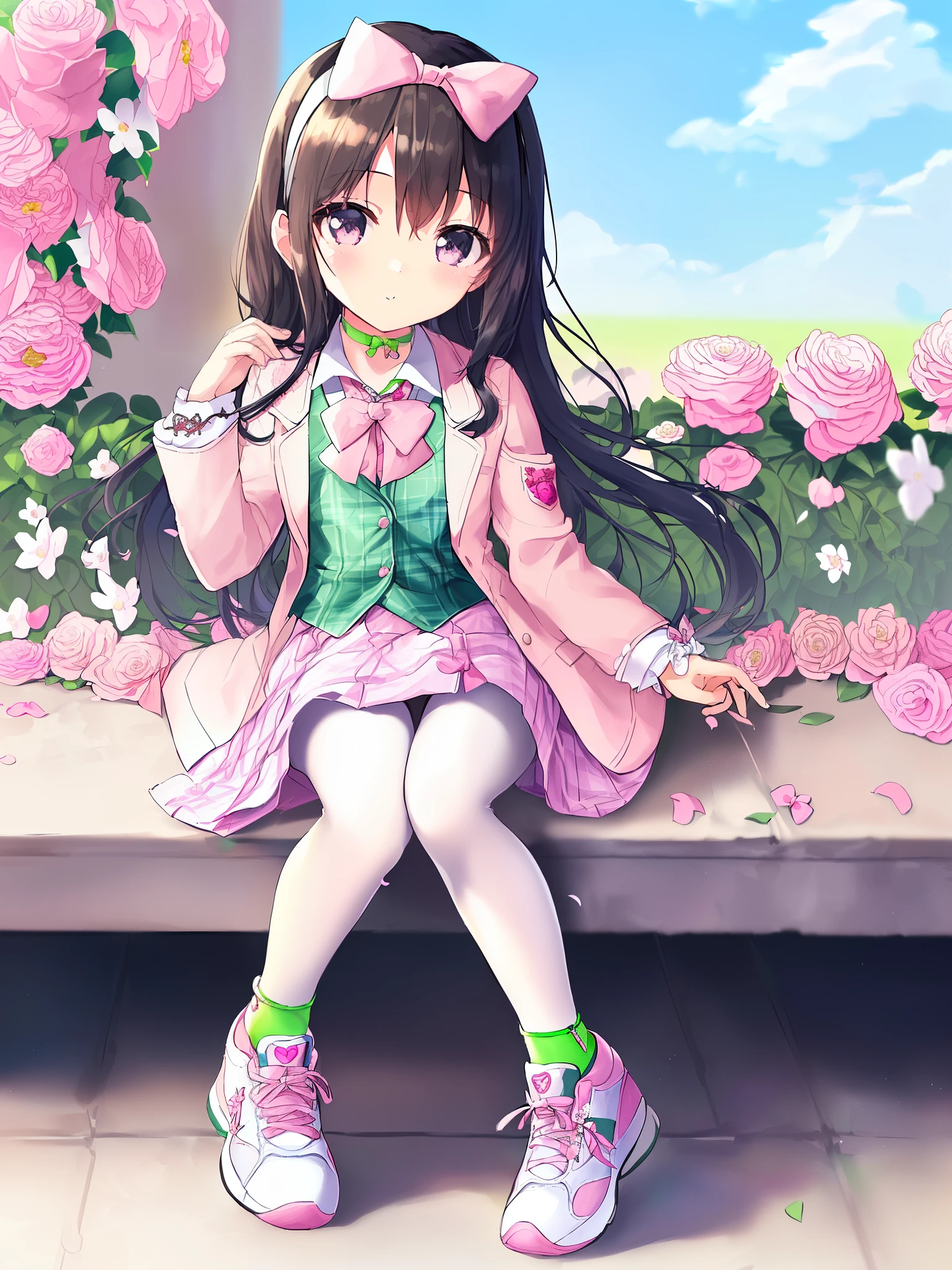 1 girl, solo, masterpiece, best quality, ultra resolution, ultra high details, 8k unity, (anatomically correct:1.3), (petite loli:1.5), (full body:1.2), (black hair:1.2), grey eyes, (hair below shoulder:1.3), high quality eyes, high quality hands, (white collared shirt:1.5), (pink suit jacket with embroidered flowers:1.5), (long sleeves:1.5), (frilled sleeves:1.2), (outfit open:1.6), (white plaid skirt:1.5), (wide hairband:1.3), (pink bow:1.5), (white pantyhose:1.3), (white pink sports shoes:1.3), (green choker:1.5), (urban lane:1.3), (sunny sky:1.2), high quality background, detailed background