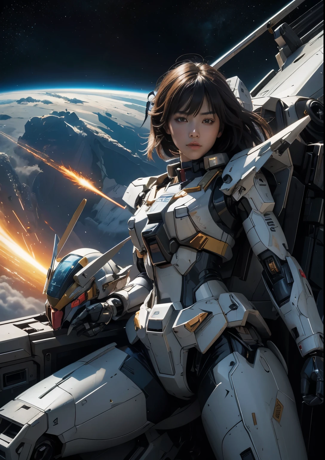 gundam wing zero fighting an evil gumdan, a cute girl watching in horror, the earth in the back ground, epic realisic photo of war