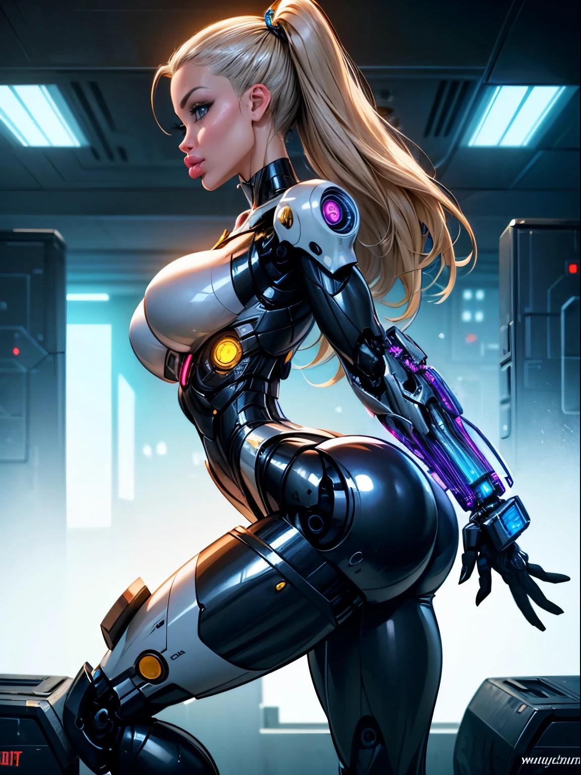 ((side profile:1.5)), looking to viewer, There is a woman in a robot suit ((posing next to an ancient building)), Beautiful white girl half cyborg, Cute cyborg girl, Beautiful girl cyborg, (aletta ocean face), (puffy lips), Perfect Robot Girl, Cyborg girl, (ass air bags), intricate details on ass, Young cyborg grady, Beautiful Female Robot, ((cybernetic abs:1.2)), Beautiful robot woman, cyborg girl, perfect cyborg female, ((porcelain cyborg)), Female robot, Beautiful cyborg images, (cinematic lighting)