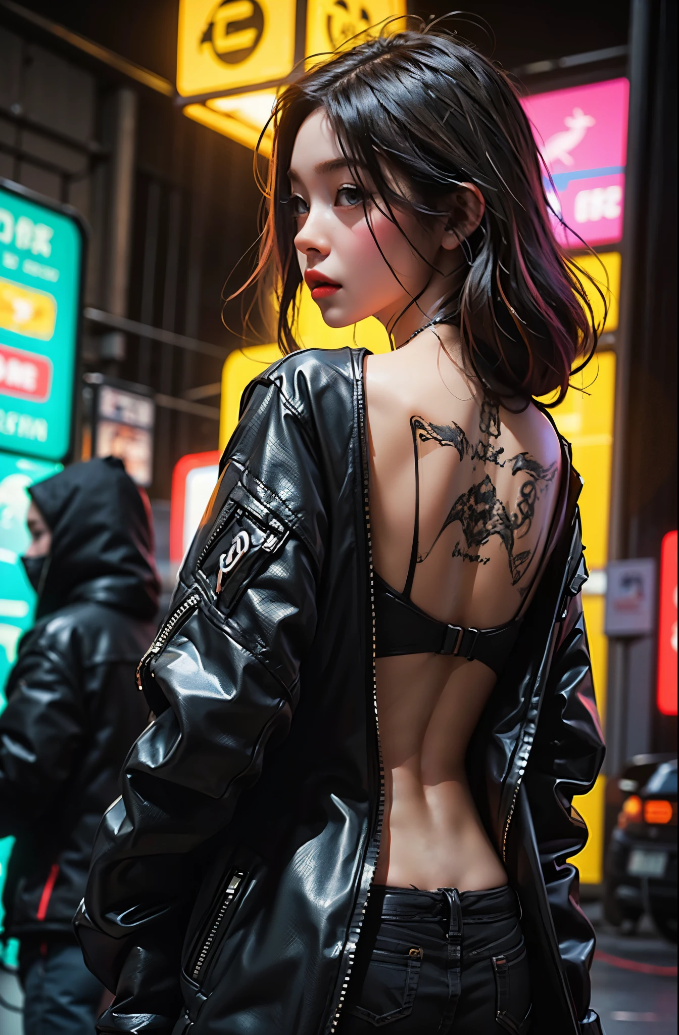 highest quality,masterpiece,Super detailed,8K, UHD,Beautiful woman,japanese woman,No expression,(Topless),whole body,((tattoo)),slim,black slacks,(female mafia),gangster,(cyberpunk city),night,cinematic lightening,movie poster,underworld