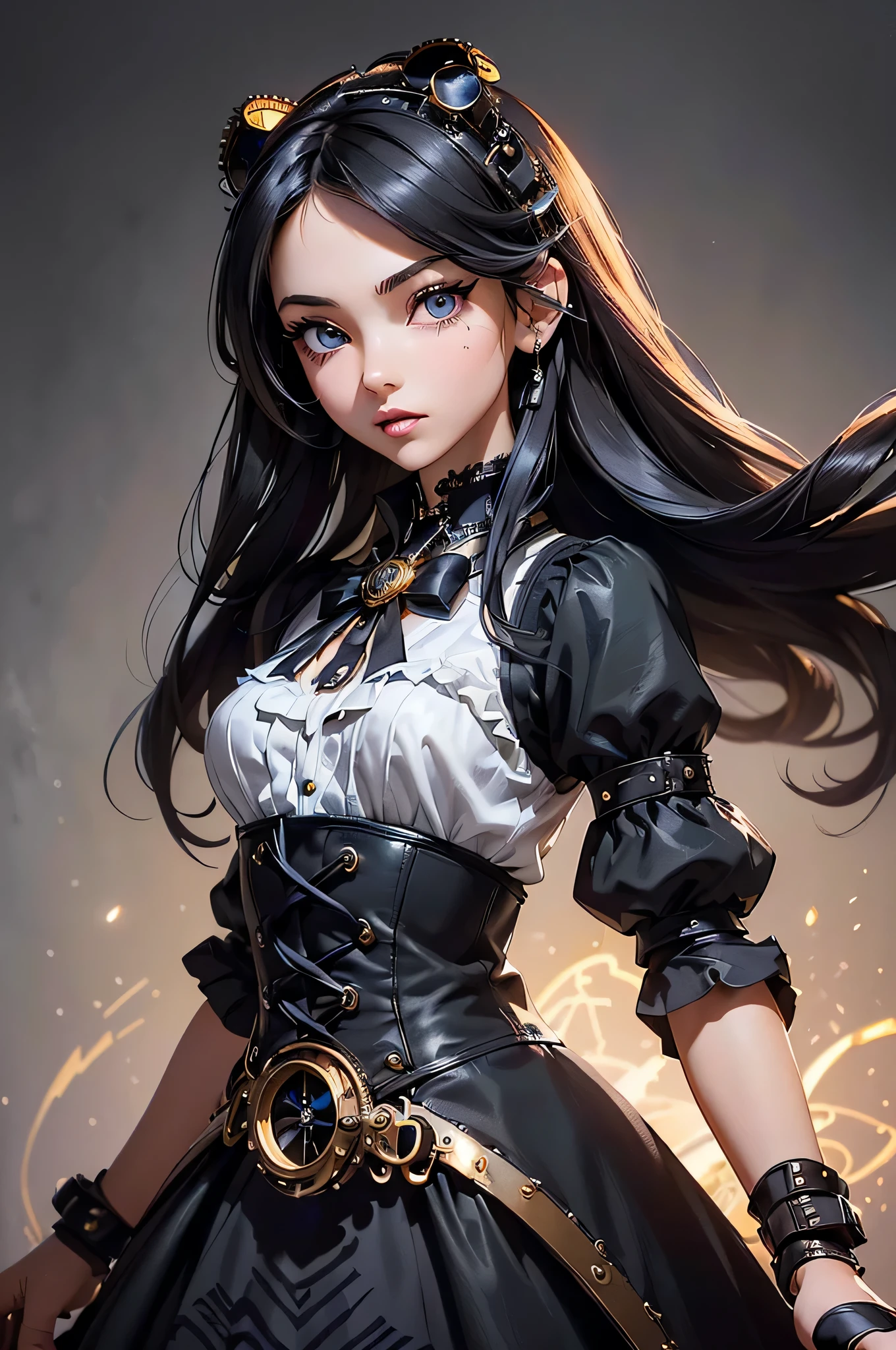 (((Masterpiece, top quality, ultra-detailed))), (((1 Infinity Mage Girl))), , (((very detailed face))), small thin nose, small thin-lipped mouth, (((very sharp focused eyes))), very large slit precision pale grey eyes, sparkling like jewels. Very long eyelashes, long black hair in black vertical curls, with fringes, ((Steampunk fashion, Gothic Lolita fashion))