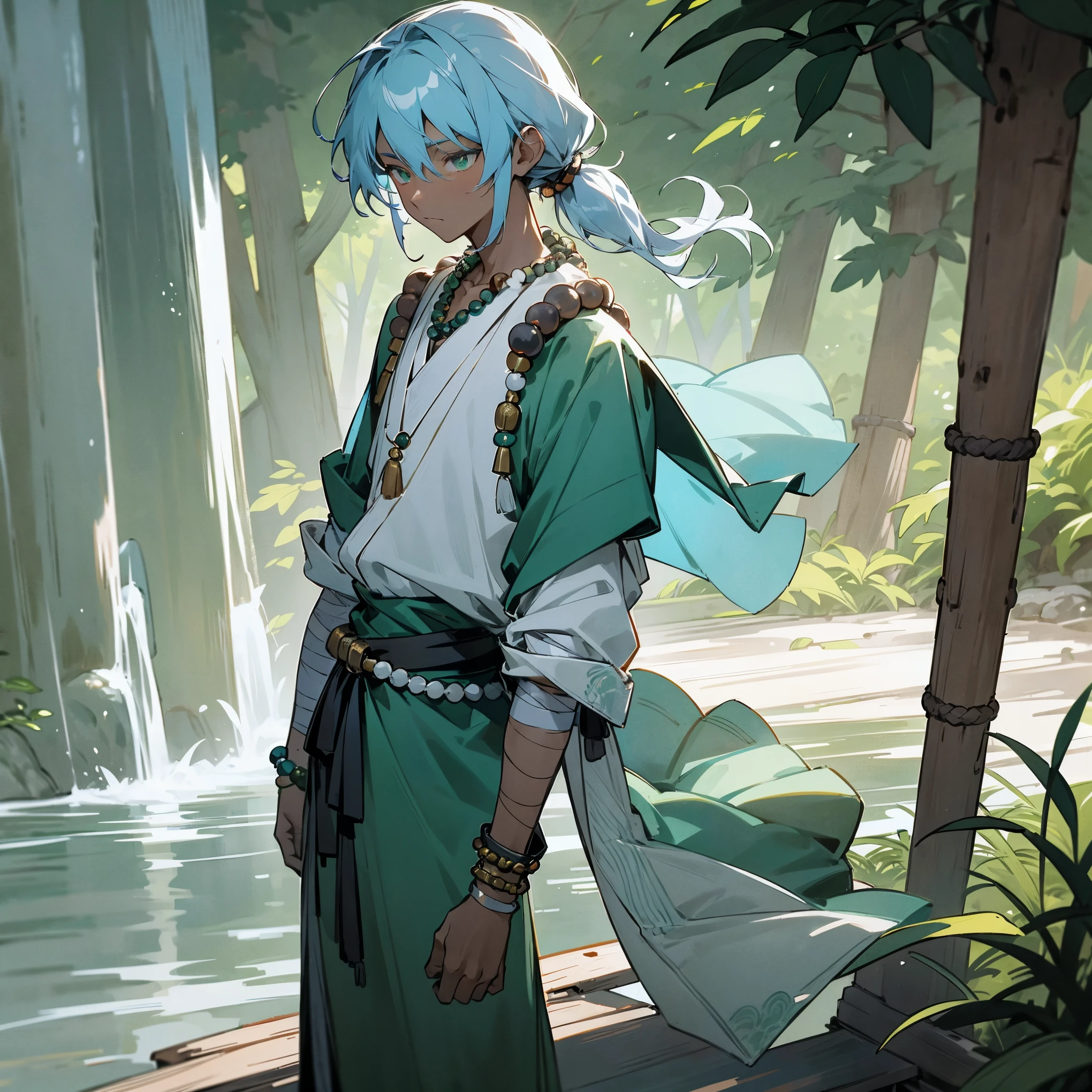 1male, young adult, dark skin, short wavy low ponytail, pale blue colored hair, finely detailed green eyes, peasant clothes, loose haori, bandages wrapped around arms, warrior, prayer bead bracelet, prayer bead necklace, shoulder armor piece, forest, grotto, waterfall, small shrine, walking down path