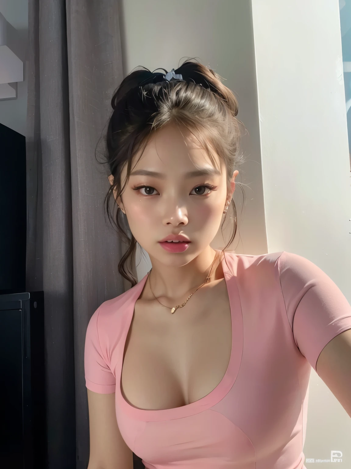 (bt quality,4k,highres), (realistic:1.37), (portrait), (bright colors,soft lighting)

A close-up of a woman in a pink shirt, posing for a photo. Jennie kim, blackpink, jennie, kpop, idol