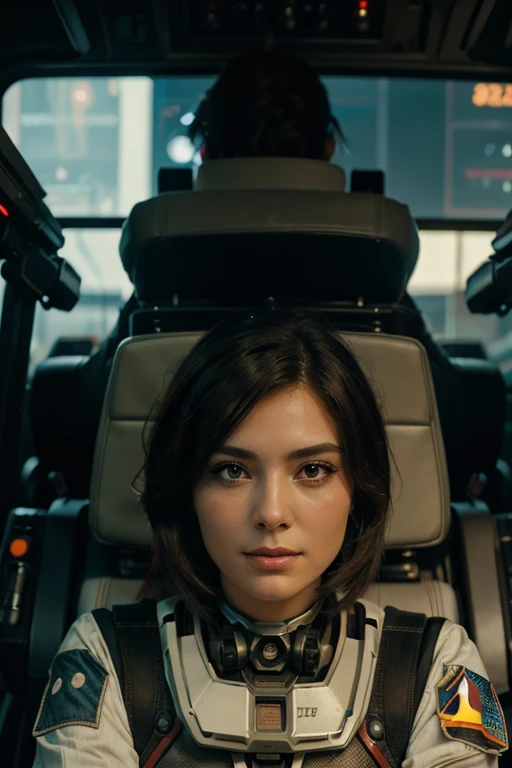Woman in cockpit of a mecha fighting in a futurewar ((best quality)), ((masterpiece)), (detailed), perfect face Battletech