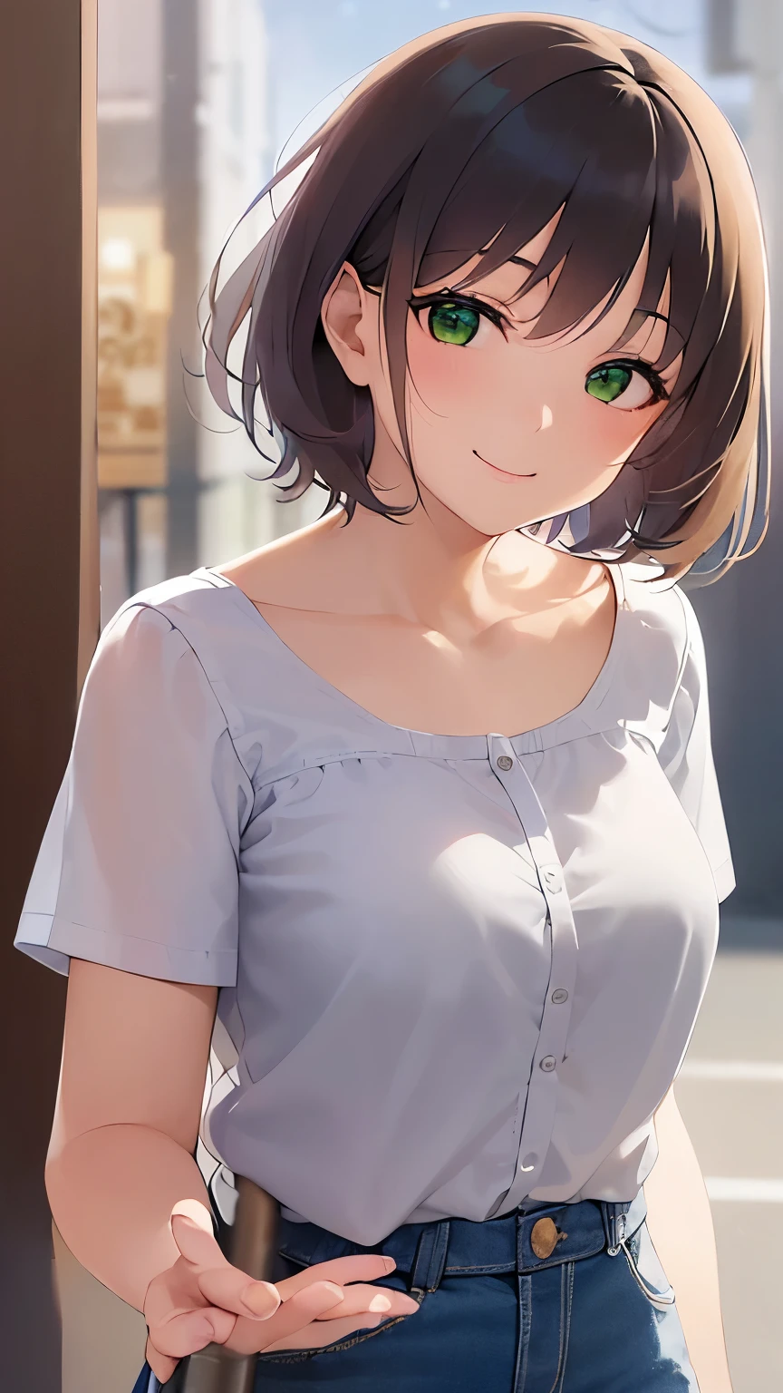best quality, detailed face, 1girl, middle breast, smile, open mouth, casual short shirt, mini skirt, good anatomy, looking at viewer, soft focus, cinematic lighting, depth of field, happy expression, black sleeveless shirt, gray skirt, short blonde hair, 