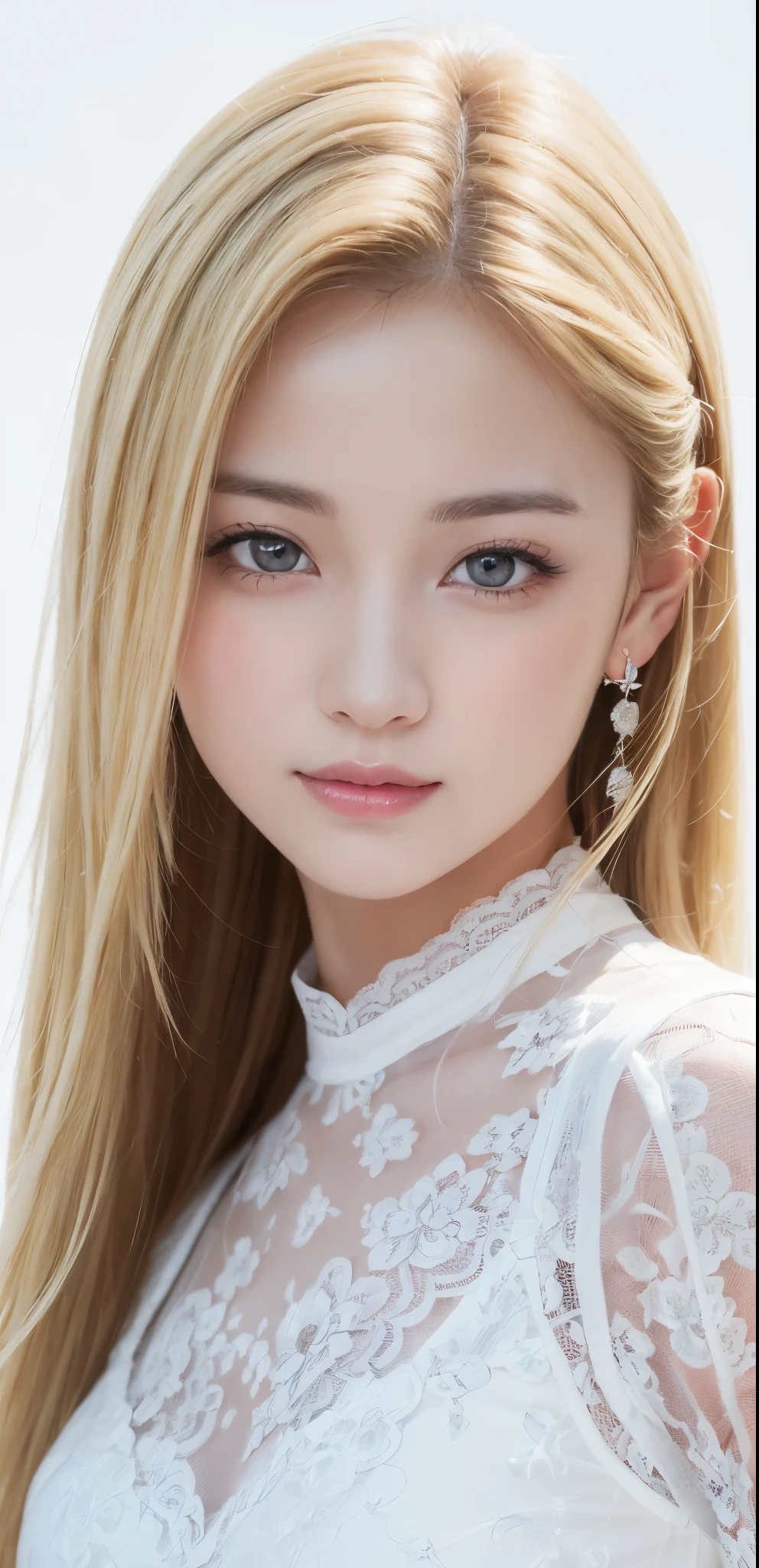((((blonde、lace queen、race queen、white background、whole body))))、Smile、Raw photography、(((Ultimate Beauty Portrait)))、((glistning skin))、girl1人、beautiful girl in Prague、baby face、1girl in, age19, Solo, Long hair、white background、beautiful girl、west、half face、well-groomed face、beautiful girl、anime face、girl,Ivory-colored hair、Ivory-colored hairの毛,glossy pink lips,white skin,,blue sky,sunlight shining down on her,,There's a faint smile on her face,detailed and vivid,high resolution images,photorealistic rendering,Bright colors,soft and warm lighting, simple background、white background