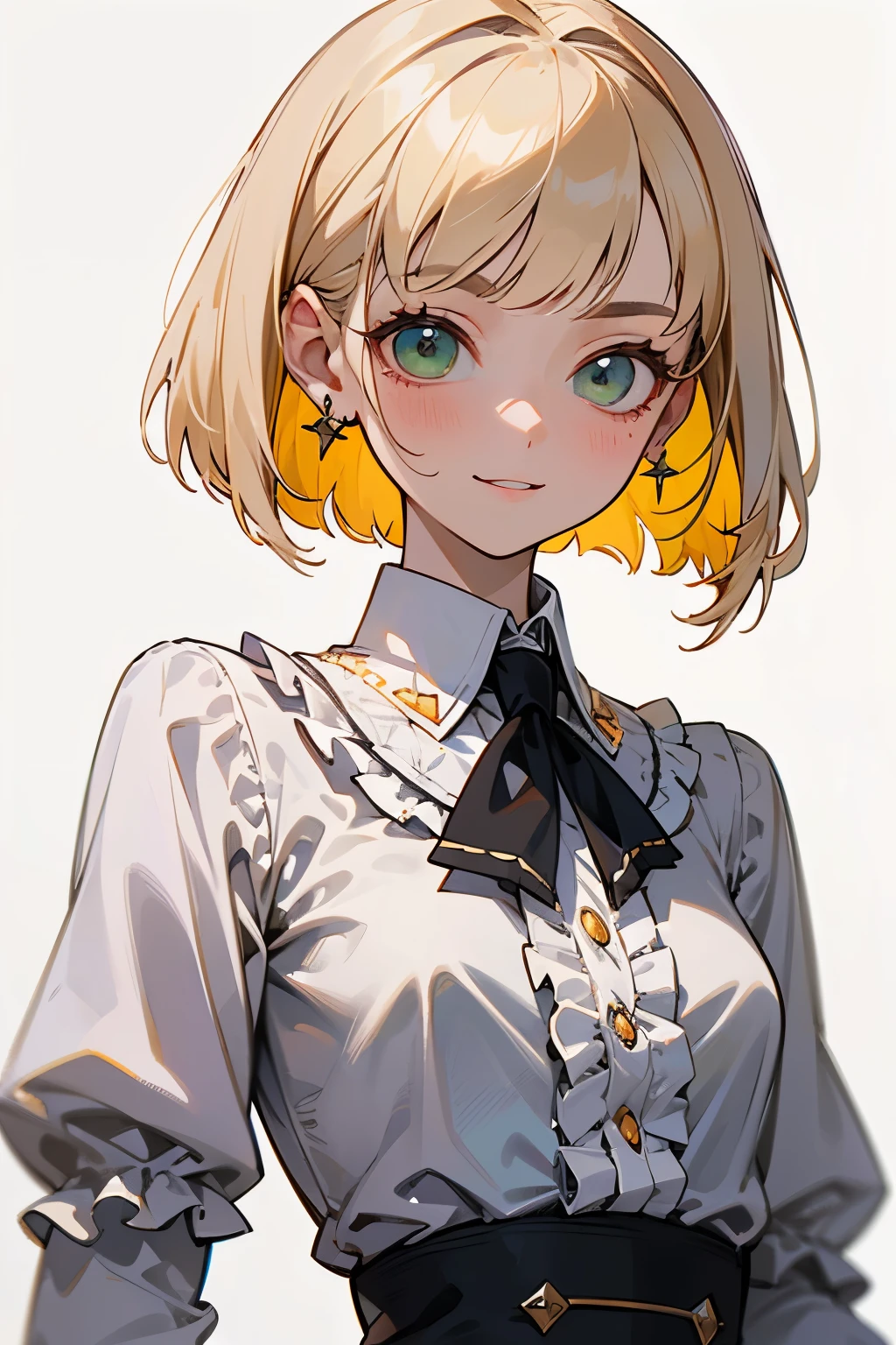 1girl, solo, standing, upper body, muture female, highly detailed, vibrant colors, composite lighting, professional shading, (white background:1.5), (blank background:1.5), masculine shapes, sharp and crisp image, high quality textures, perfectly structured, natural proportions, slender, small breast, smile, pale skin, (blonde hair), bob cut, green eyes, (long sleeve blouse), frills blouse, formal style, ring earrings,