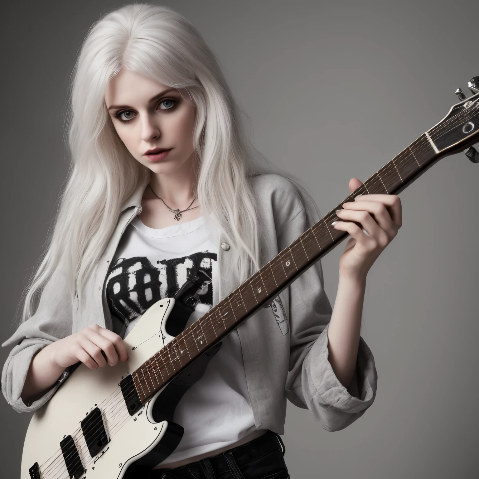 Pale woman, frail, guitar, white hair, grey eyes, young, rockstar clothes, 4k uhd,