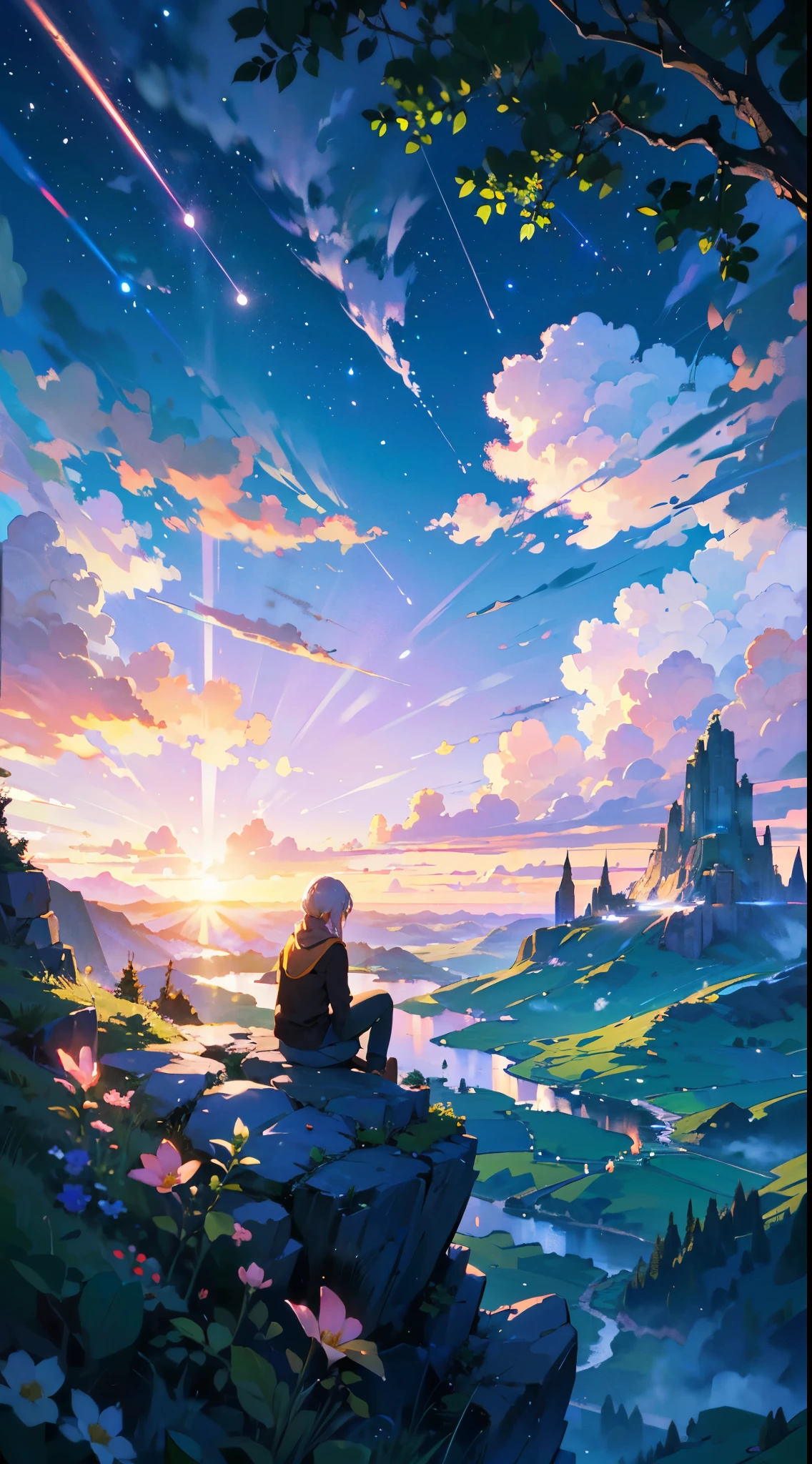 (best quality,4k,8k,highres,masterpiece:1.2),ultra-detailed,(realistic,photorealistic,photo-realistic:1.37),anime-inspired scene,person sitting,rocky hill, In an anime-inspired scene, a person sits on a rocky hill, captivated by a vibrant sunset adorned with shooting stars and fluffy clouds. The warm and cool contrasting colors paint the sky, while lush greenery and blooming flowers surround the tranquil scene, creating a harmonious blend of nature's beauty.