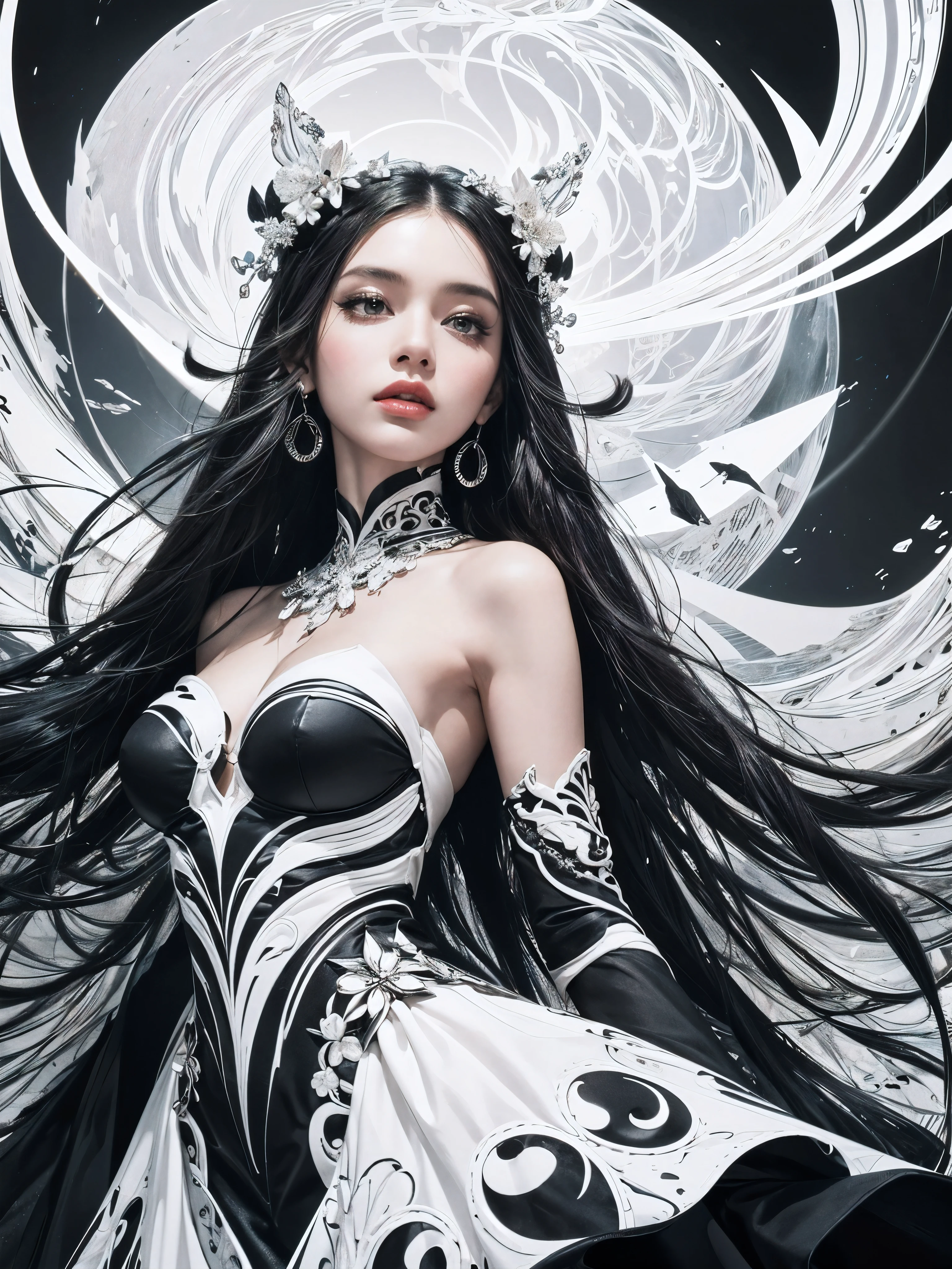 brand collection, fashion brand theme, highly detailed, beautiful, masterpiece, best quality, Geometric style abstract beauty,1 girl,, approaching perfection, digital painting, artstation, concept art, illustration, white and black colors, swirling patterns, abstract forms, surreal, Scattered geometry,
white petals, complicated background