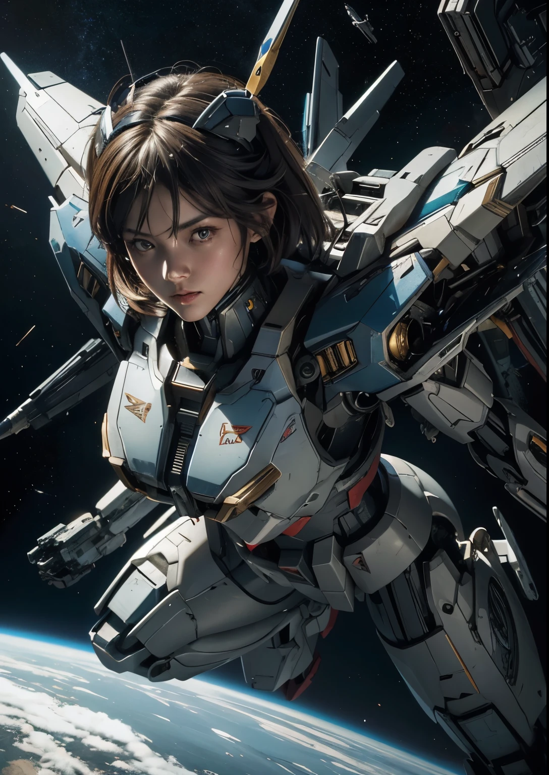 gundam wing zero fighting an evil gumdan, a cute girl watching in horror, the earth in the back ground, epic realisic photo of war