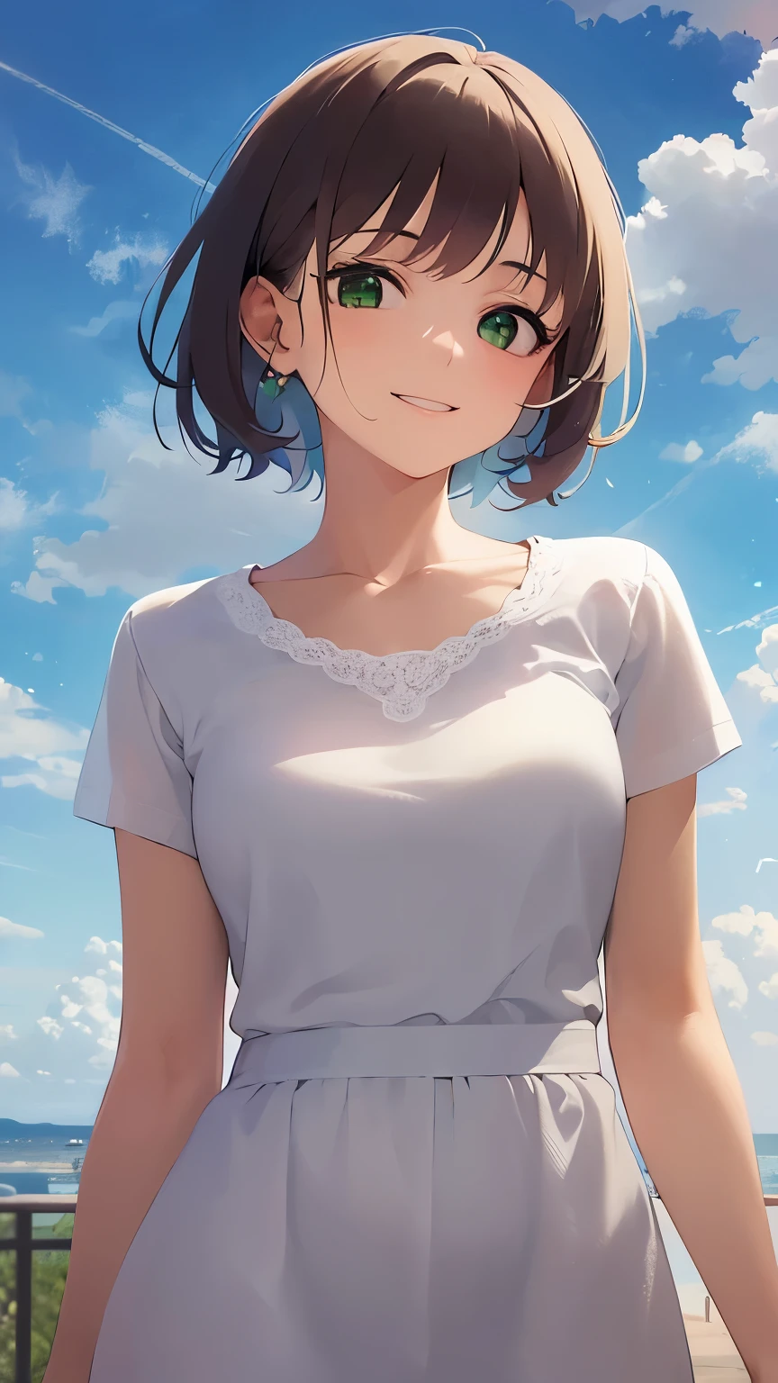 Anime girl with green eyes standing in front of a fence - SeaArt AI