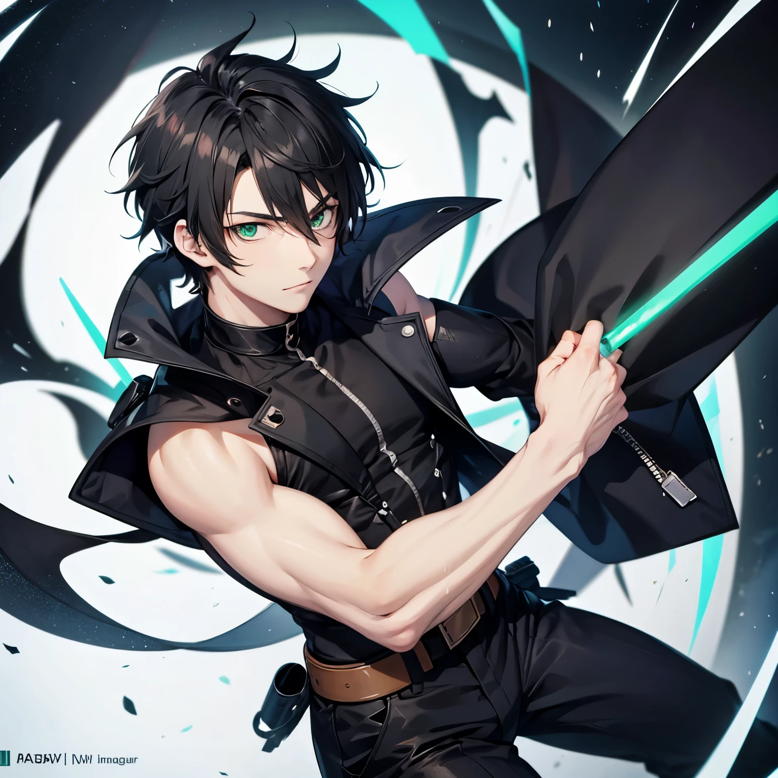 anime guy with black swept to the right and green eyes