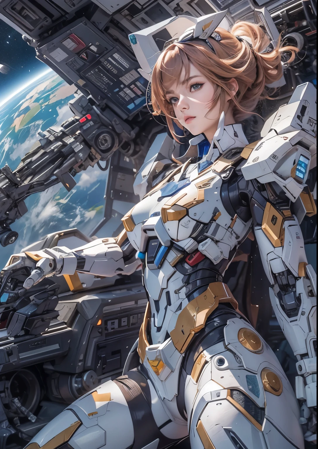 gundam wing zero fighting an evil gumdan, a cute girl watching in horror, the earth in the back ground, epic realisic photo of war
