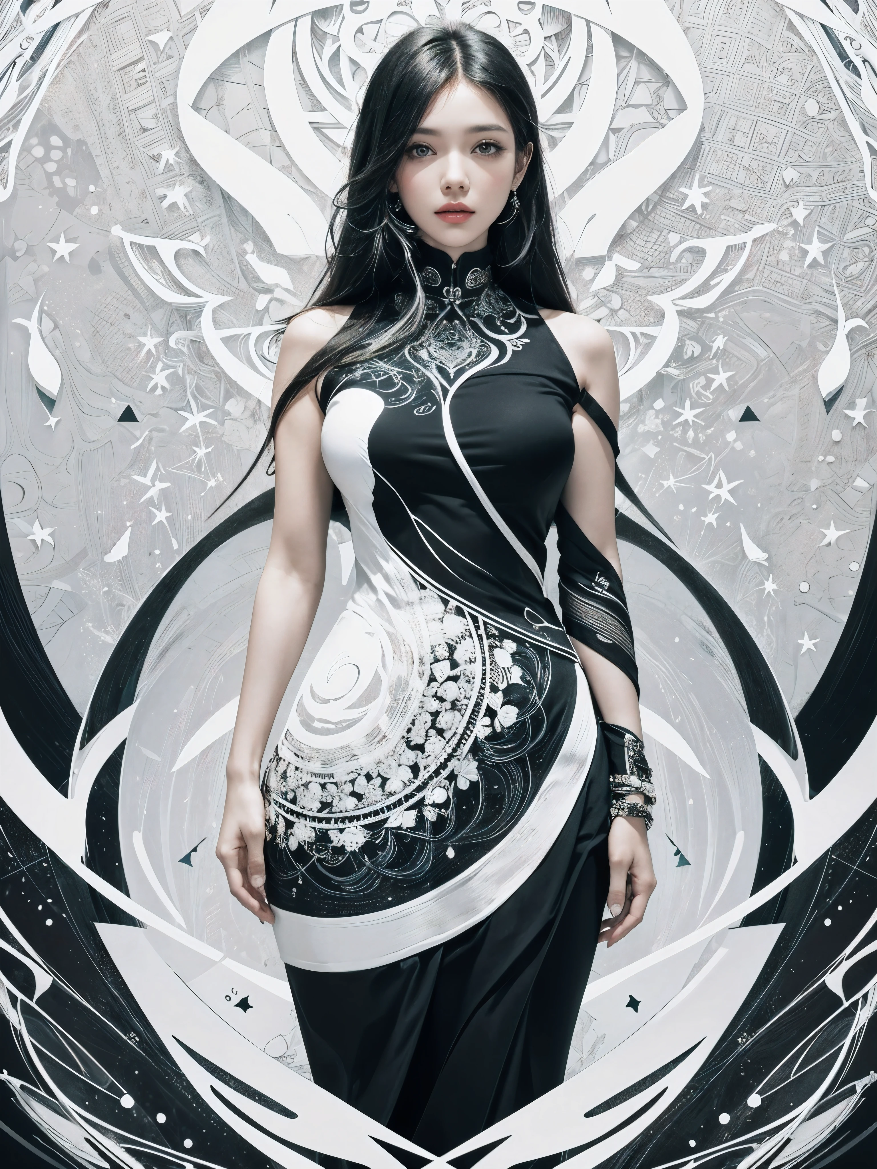 brand collection, fashion brand theme, highly detailed, beautiful, masterpiece, best quality, Geometric style abstract beauty,1 girl,, approaching perfection, digital painting, artstation, concept art, illustration, white and black colors, swirling patterns, abstract forms, surreal, Scattered geometry,
white petals, complicated background