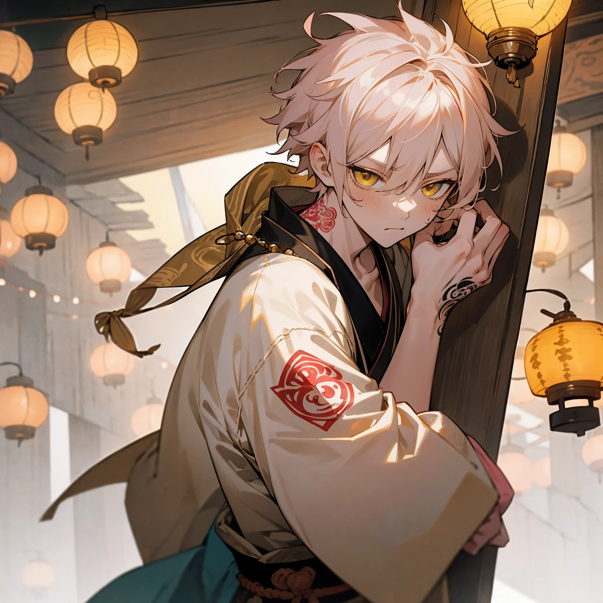 1male, young adult, messy short hair, pale pink hair with blonde highlights, finely detailed yellow eyes, loose haori, prayer beads, tattoo, warrior, serious expression, fisherman village, lanterns