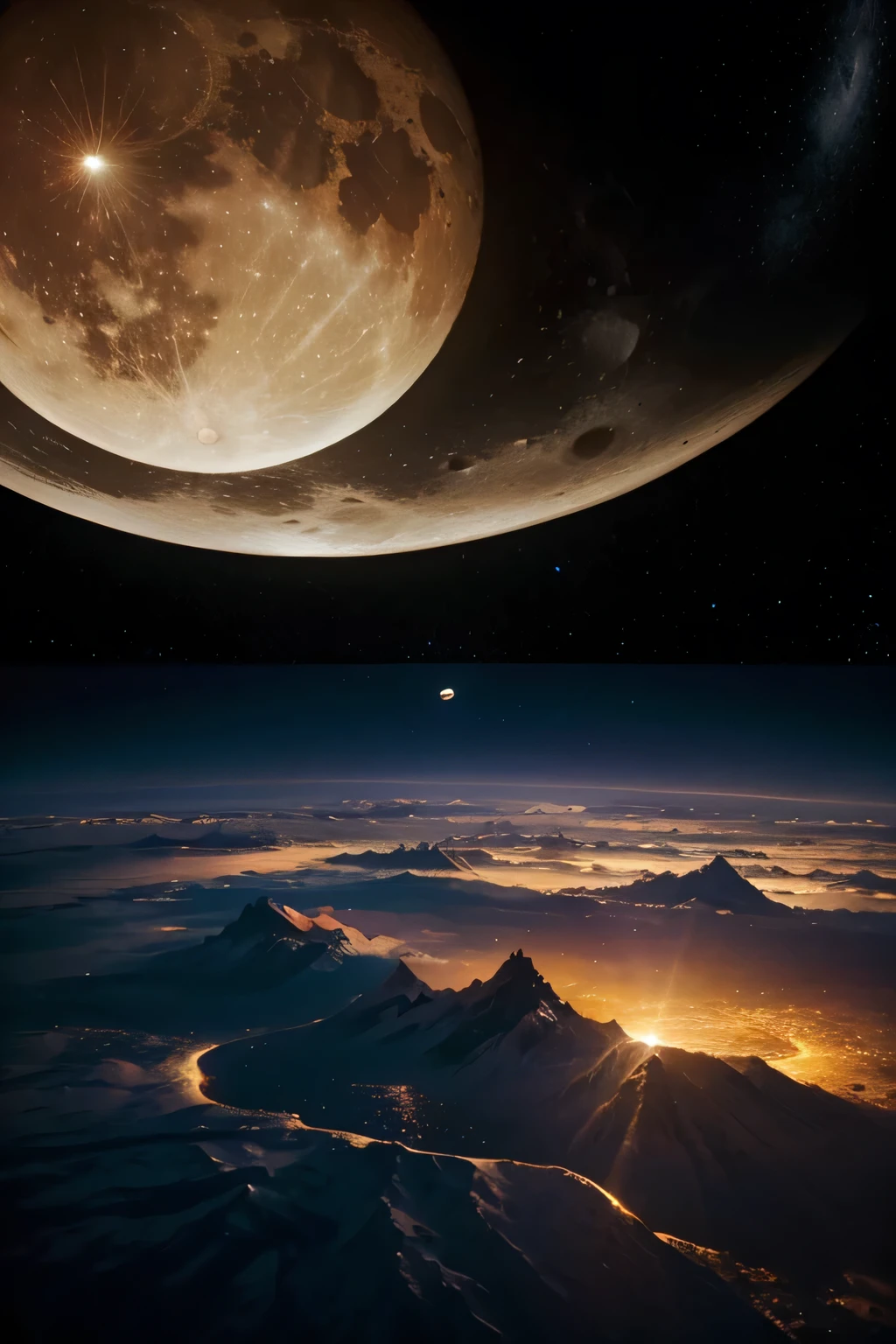 "Imagine and describe an epic scenario, where the sun, moon and stars approach the Earth with impressive proportions. Portray these stars with extraordinary dimensions, emphasizing every smallest detail to create an ultra-realistic image. Highlight the immensity of the sun, the intricate beauty of the moon and the mesmerizing brilliance of the stars, providing an impactful and memorable visual experience for those who contemplate this cosmic spectacle."