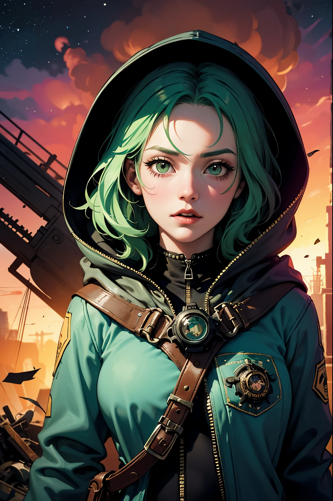 1girl,(green_hair, post apocalyptic, steampunk, hooded steampunk tactical gear and goggles:1.1),(zentangle, mandala, tangle, entangle:0.6),(fractal, atmospheric, psychedelic, aesthetic,,cosmic, colorful, dreamlike art),the most beautiful form of chaos,brutalist designed, metal fragments and debris blowing in the wind