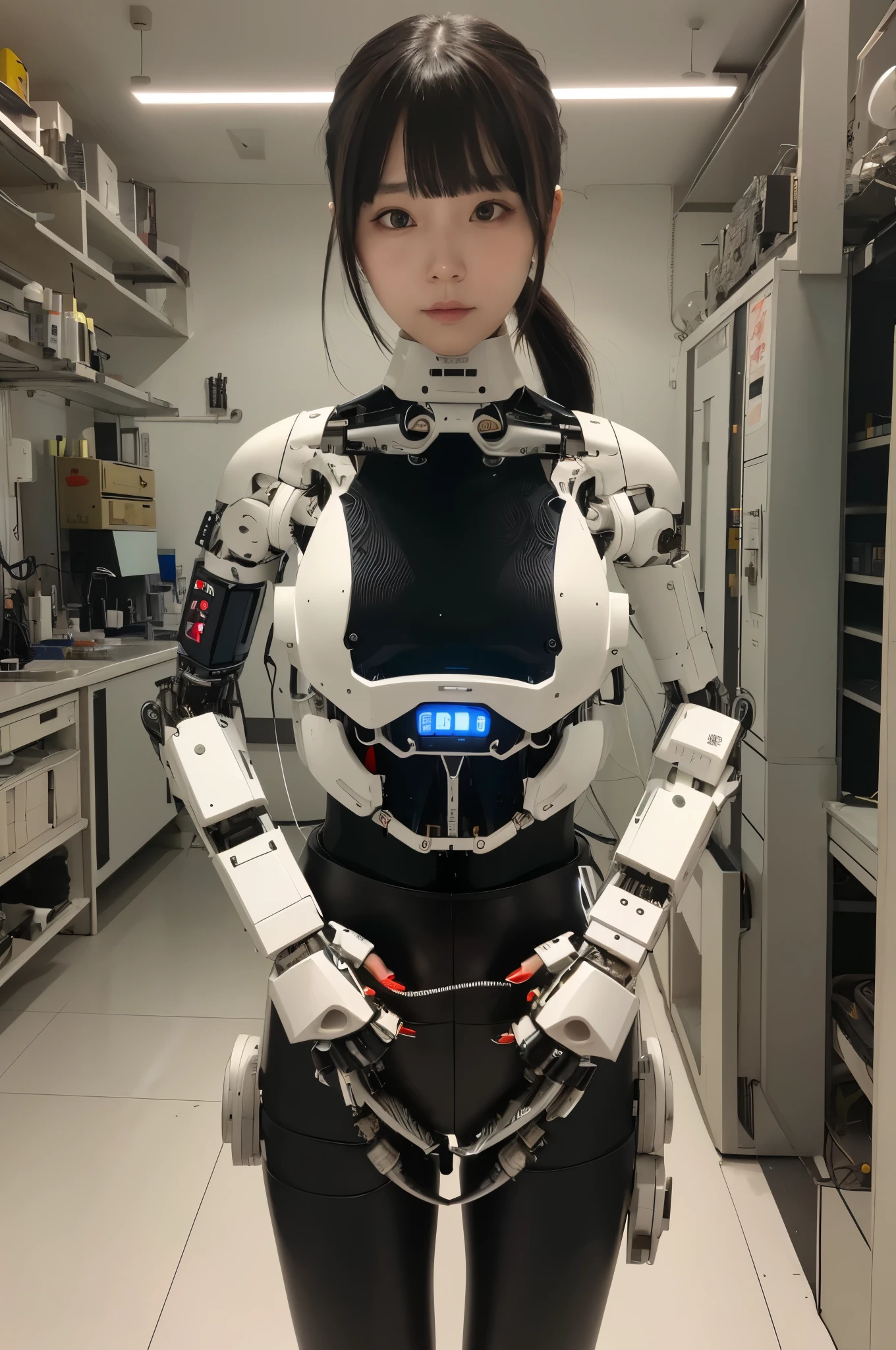 masterpiece, best quality, extremely detailed, Japaese Cyborg girl,Plump , control panels,android,Droid,Mechanical Hand, Robot arms and legs, Black Robot Parts,Black hair,Mechanical body,Blunt bangs,White robotics parts,perfect robot girl,long tube,thick cable connected her neck,ceramic body ,mechanical body, head antenna,short lod antenna on the head,mechanical ear cover, mechanical costume,android,robot,humanoid,cyborg,japanese android woman ,black leggings,mechanical chest,full eyes,future laboratory,connecting a cable between the legs,